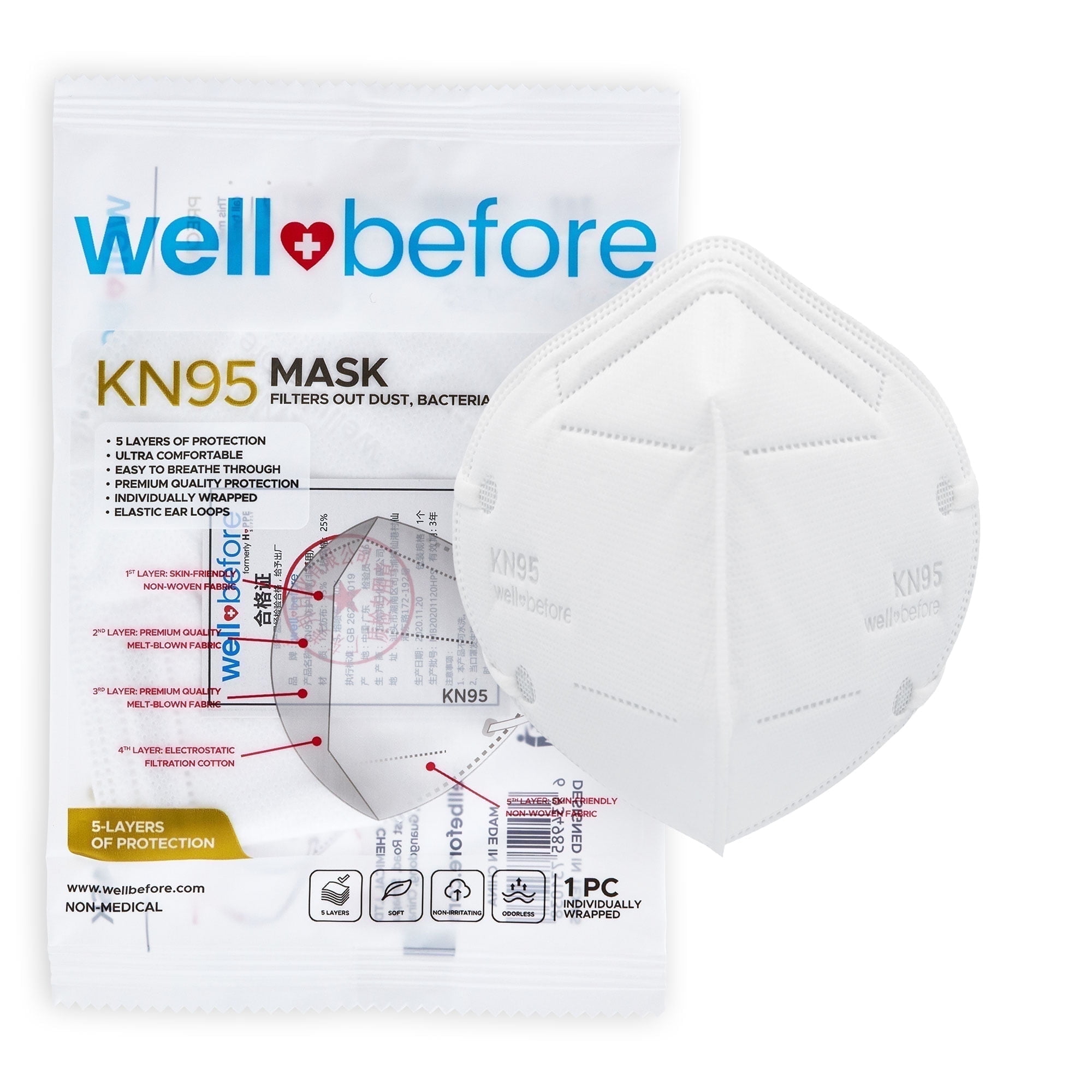WellBefore KN95 Face Mask 5-Layer Protective Respirator (White, 10 Pack, Small) sndyw