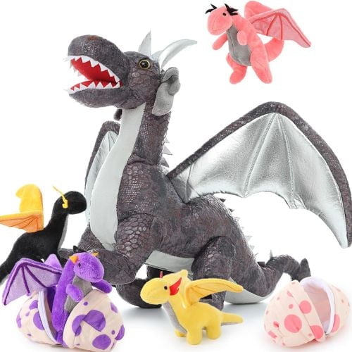 MaoGoLan Dragon Plush Set, Large Stuffed Mommy Dragon with 4 Babies and 2 Eggs (Grey, 21.6 in) fqjxr