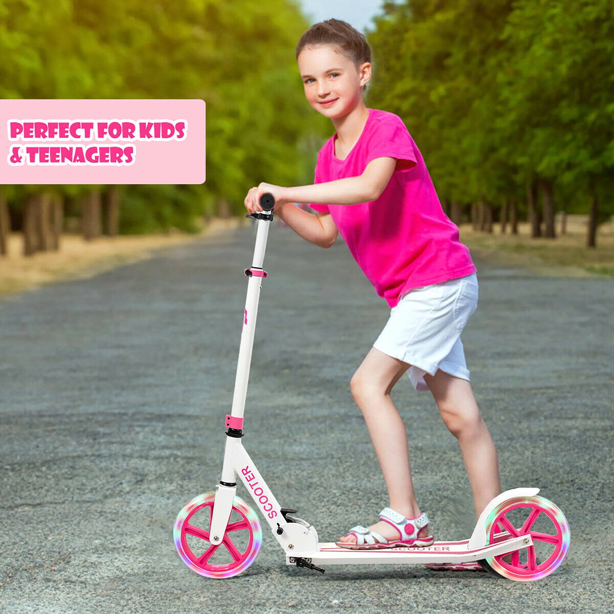 Costway Folding Kick Scooter with LED Light-Up Wheels (Pink, 8.5 lb) ayp7d