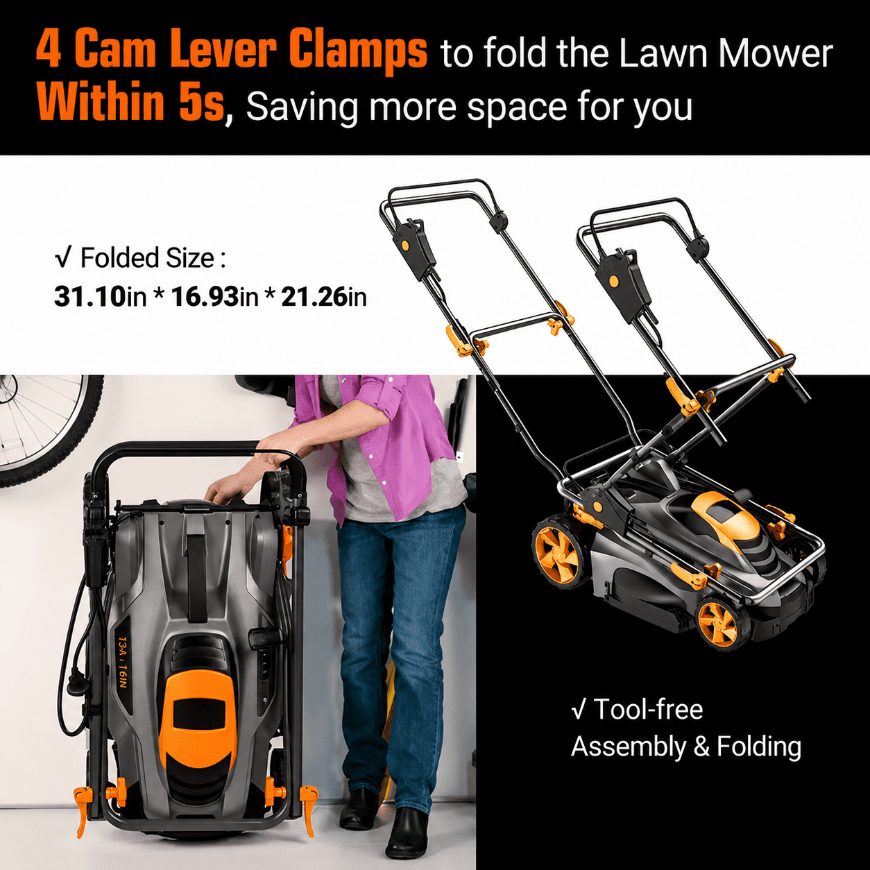 DOVAMAN 13 Amp Electric Lawn Mower, 16-Inch Cutting Width, 5 Adjustable Heights, Corded Garden Grass Cutter (Black, 16 in) 671fg