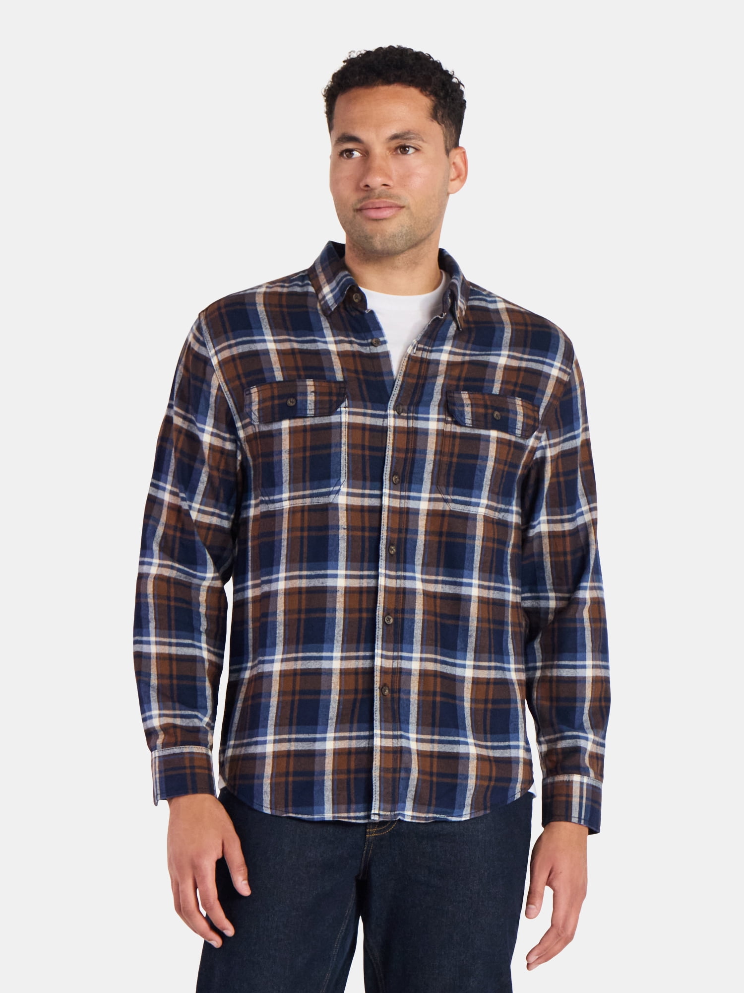 George Men's Long Sleeve Plaid Flannel Shirt, Double Pocket Button Down, 2 Pack (Brown, XS) kocxj