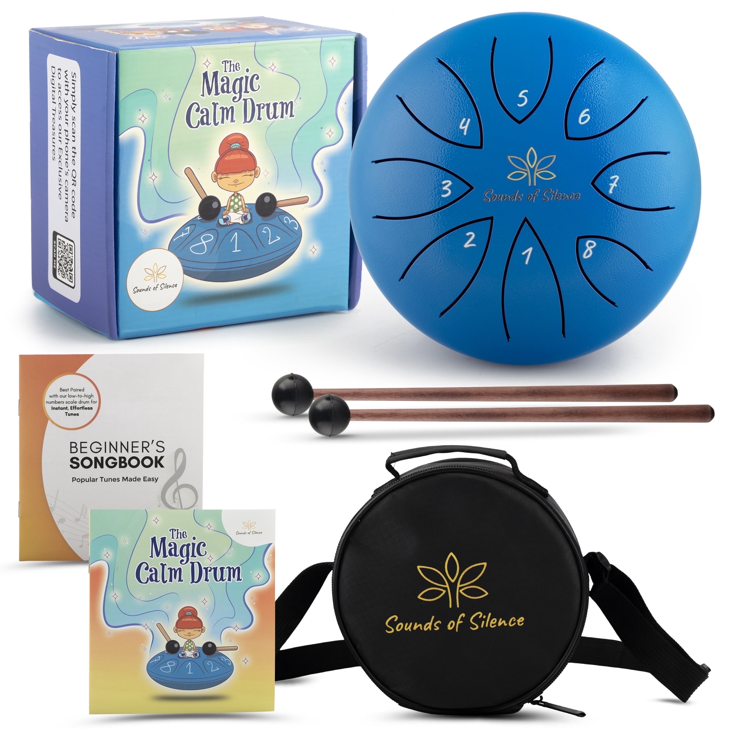 Sounds Of Silence Steel Tongue Drum for Kids, Musical Instrument Set with Storybook and Mallets (Blue, 6 in) 1r5nd