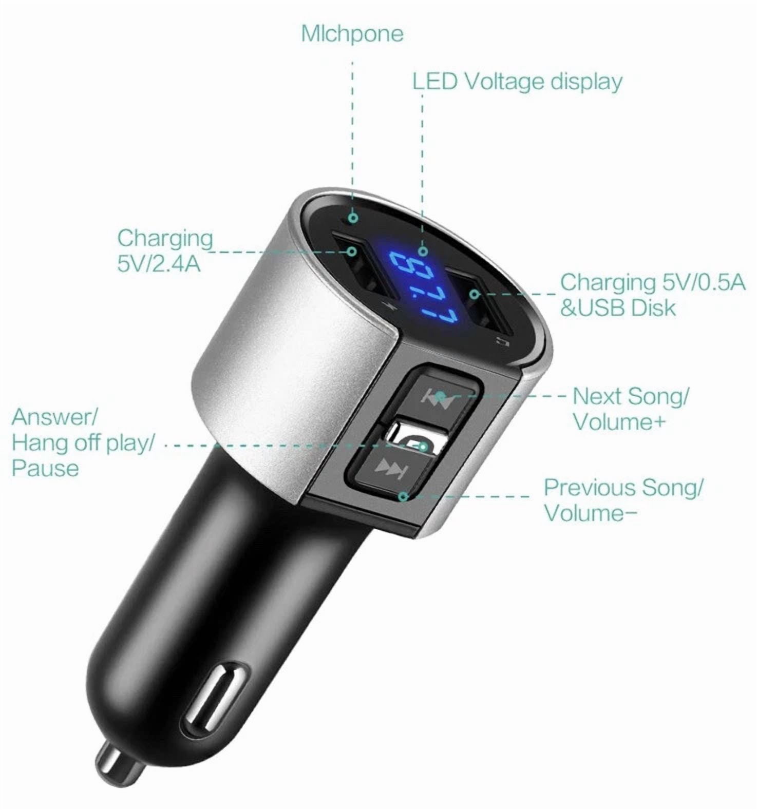 Rhea Bluetooth FM Transmitter Radio Adapter (Hands-Free Car Kit, Dual USB Charger) 8iuv6