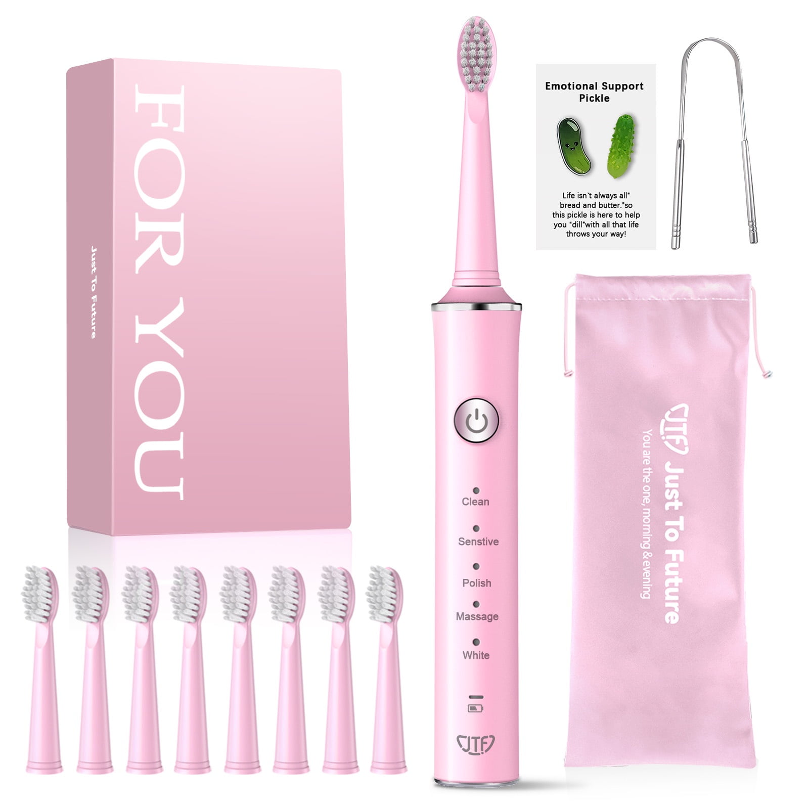 JTF Sonic Electric Toothbrush with 8 Brush Heads and Travel Case (5 Modes, Rechargeable, Pink) fvqxp