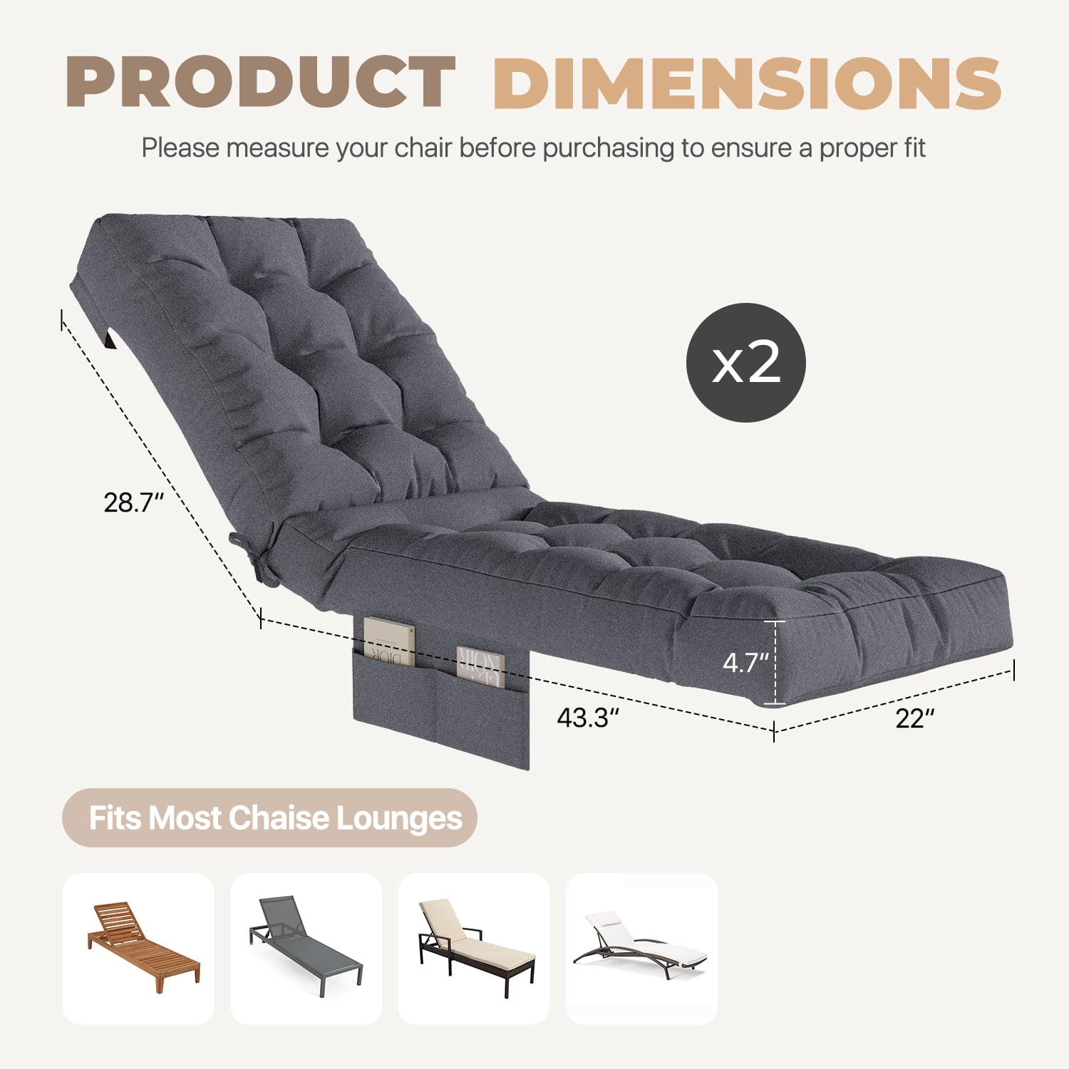BaPiPro Outdoor Chaise Lounge Cushion with Side Pocket and Non-Slip Fixation (Gray, 2-Pack) plspn