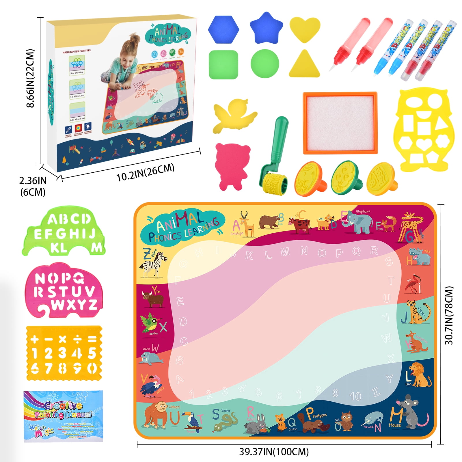 WLBES Water Doodle Mat, Reusable Mess-Free Aqua Drawing Pad for Toddlers (Multicolor, 30 in x 30 in) 2u7dm