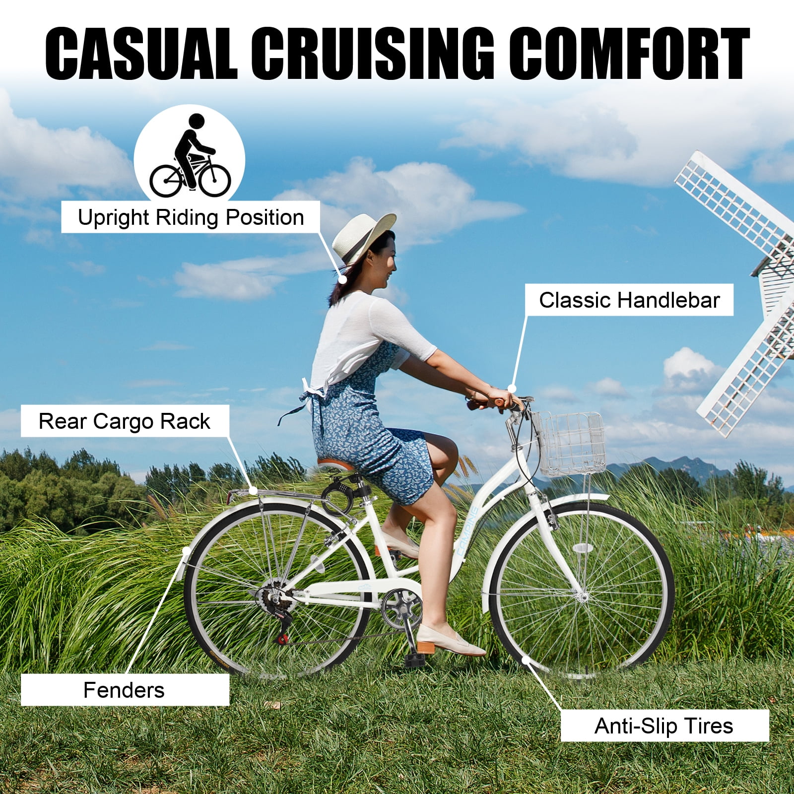Ktaxon 26 in Women's 7-Speed Cruiser Bike, Step-Through City Bicycle with Basket and Rear Rack (White, 26 in) 3ajqc