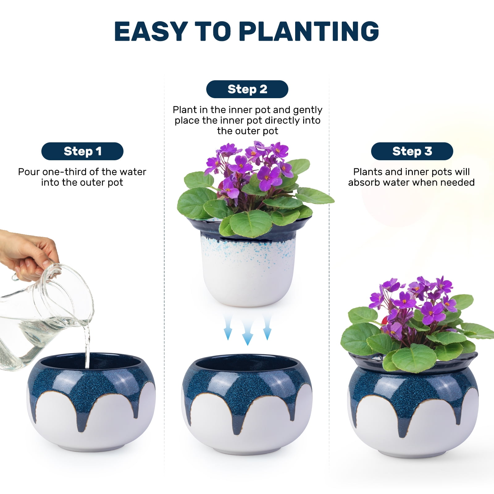 EFISPSS Self-Watering Ceramic African Violet Pot, Minimalist Indoor Planter for Succulents and Herbs (Blue Gradient, 6 in) wgnjo