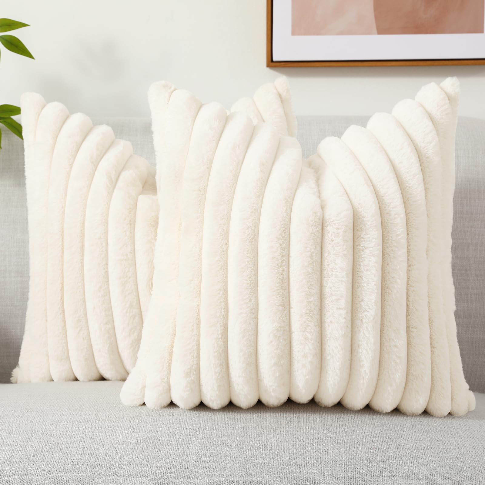 decorUhome Faux Fur Plush Throw Pillow Covers, Soft Striped Decorative Couch Cushion Cases (Cream White, 18x18 in, 2 Pack) qzjp8