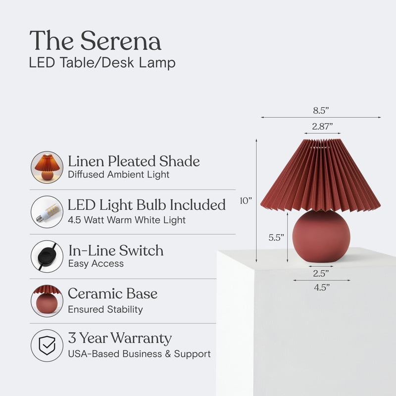 Brightech Serena LED Table Lamp, Retro Asian-Inspired Ceramic Globe Base with Pleated Shade (Red, 10 in) 5161e