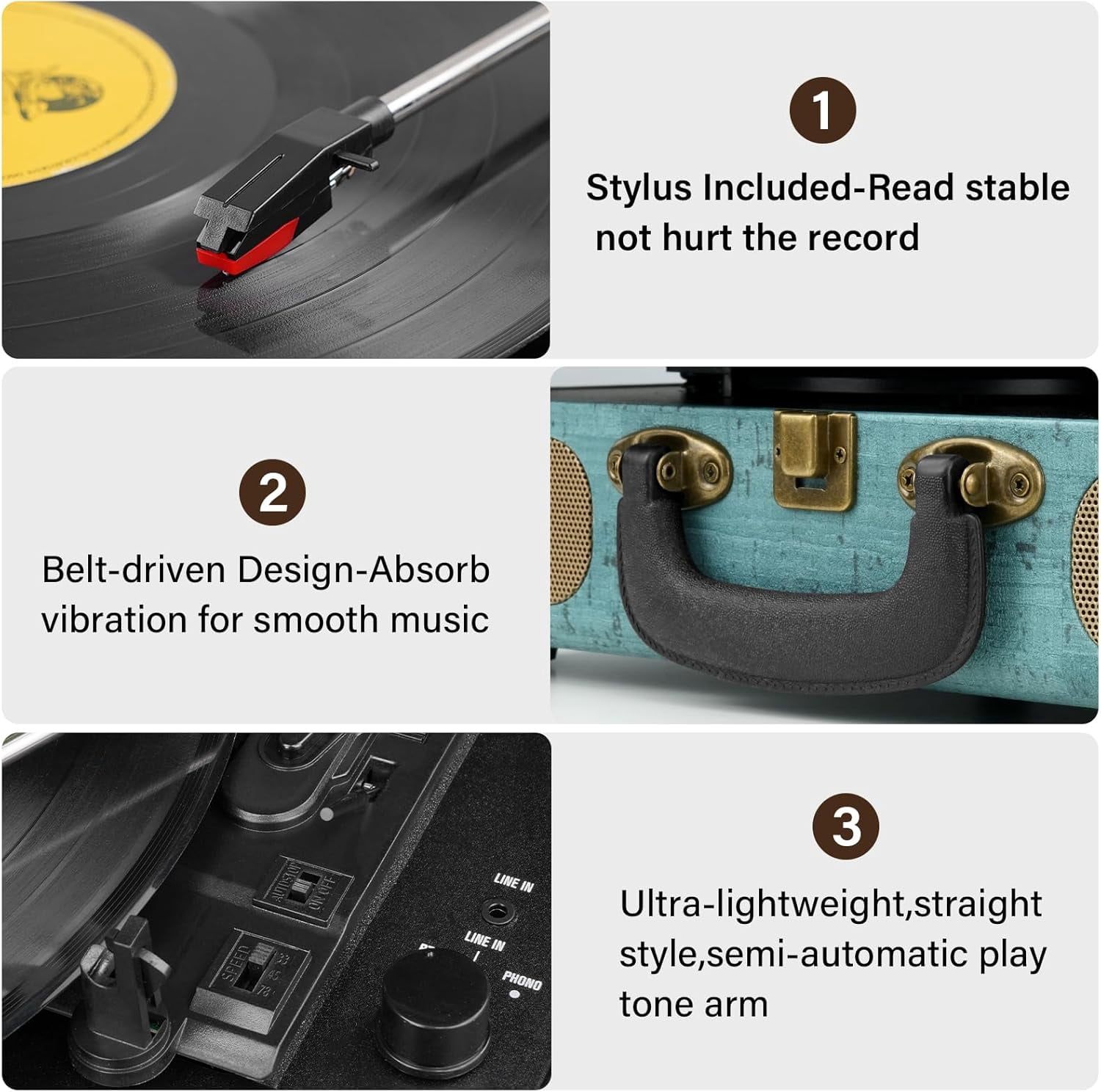 DIGITNOW Vinyl Record Player Bluetooth Turntable (Blue, 3-Speed Portable Suitcase) al1va