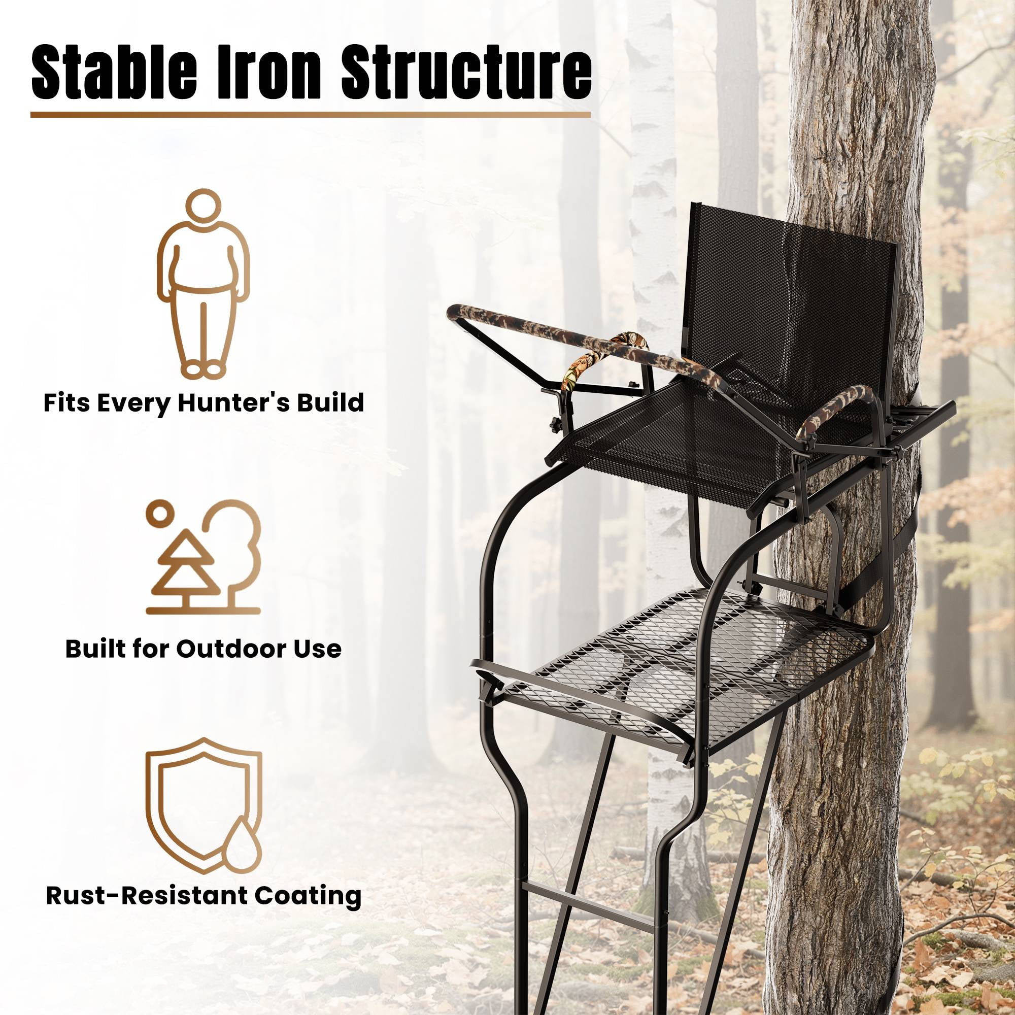 Naipo 18.7 ft Hunting Ladder Stand with Adjustable Shooting Rail and Full Body Harness (Black, 350 lb) 6g0ps