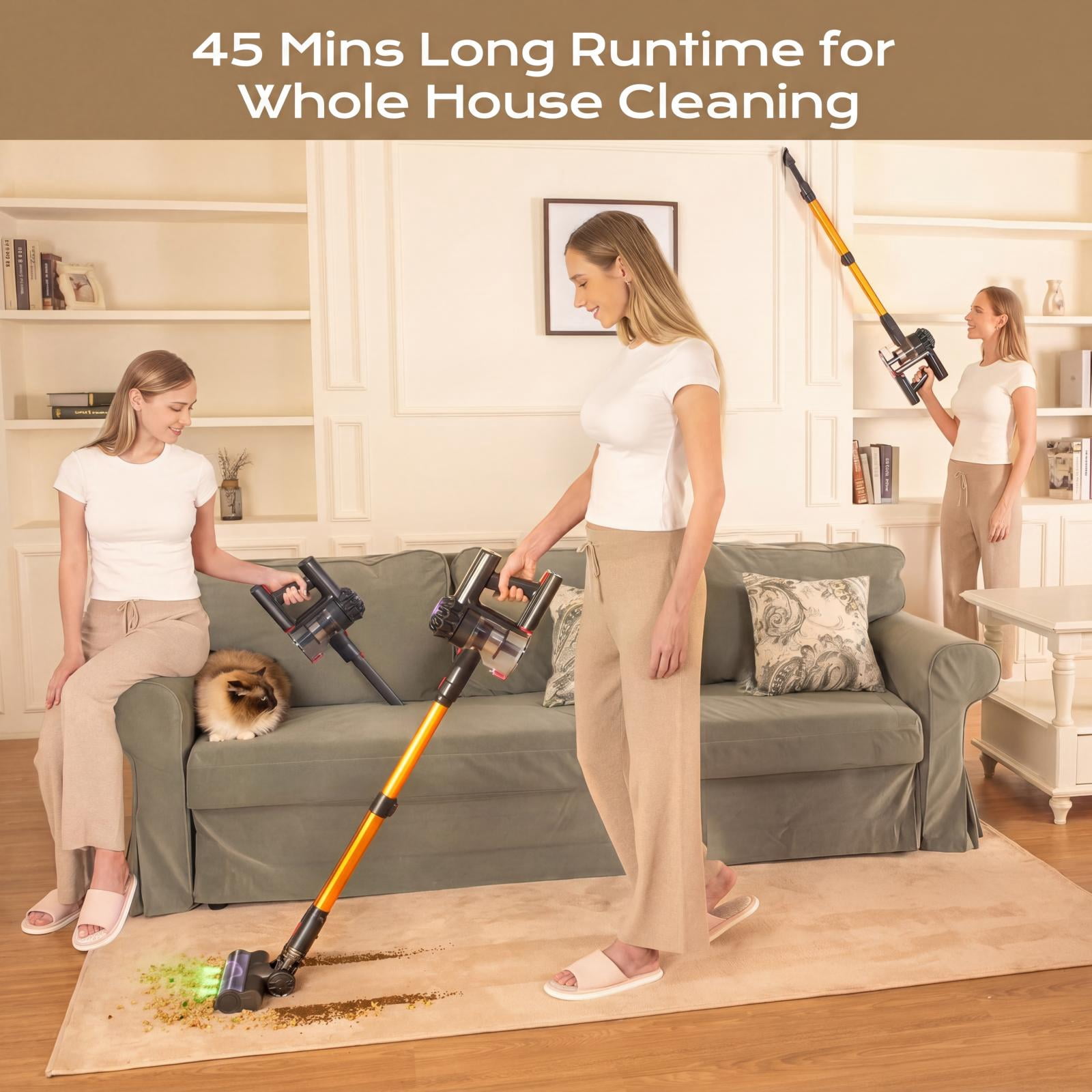 ARTSEA Cordless Stick Vacuum Cleaner, Powerful 40Kpa Suction for Pet Hair and Hardwood Floors (Gold, 3 lb) ez5zv