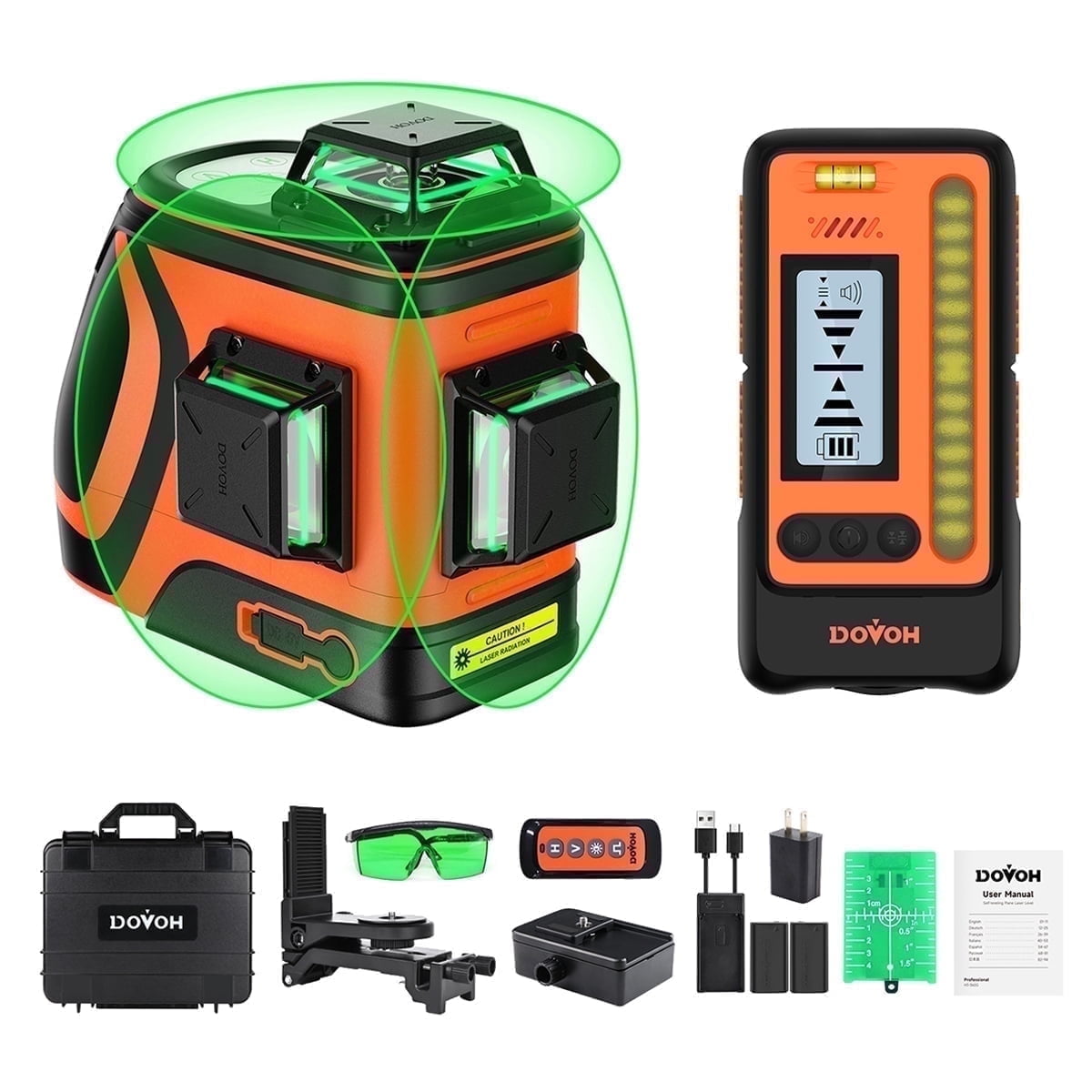 DOVOH H3-360G Laser Level Kit, 360 Degree Self-Leveling Green Beam with Receiver (Green, 1 Kit) 1h1ki