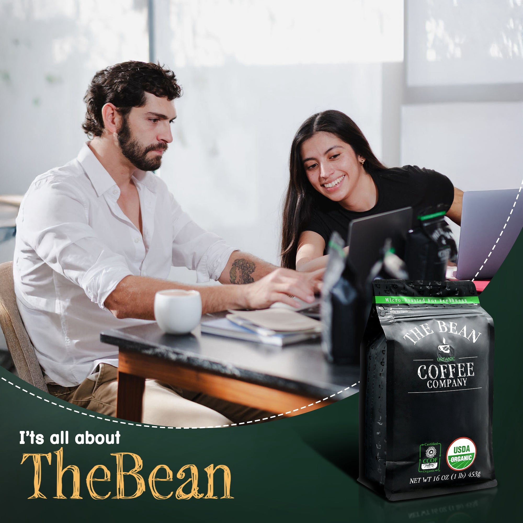 The Bean Organic Coffee Company 50/50 French Roast Ground Coffee, Dark Roast, Half-Caff Blend (16 oz) ah6wb