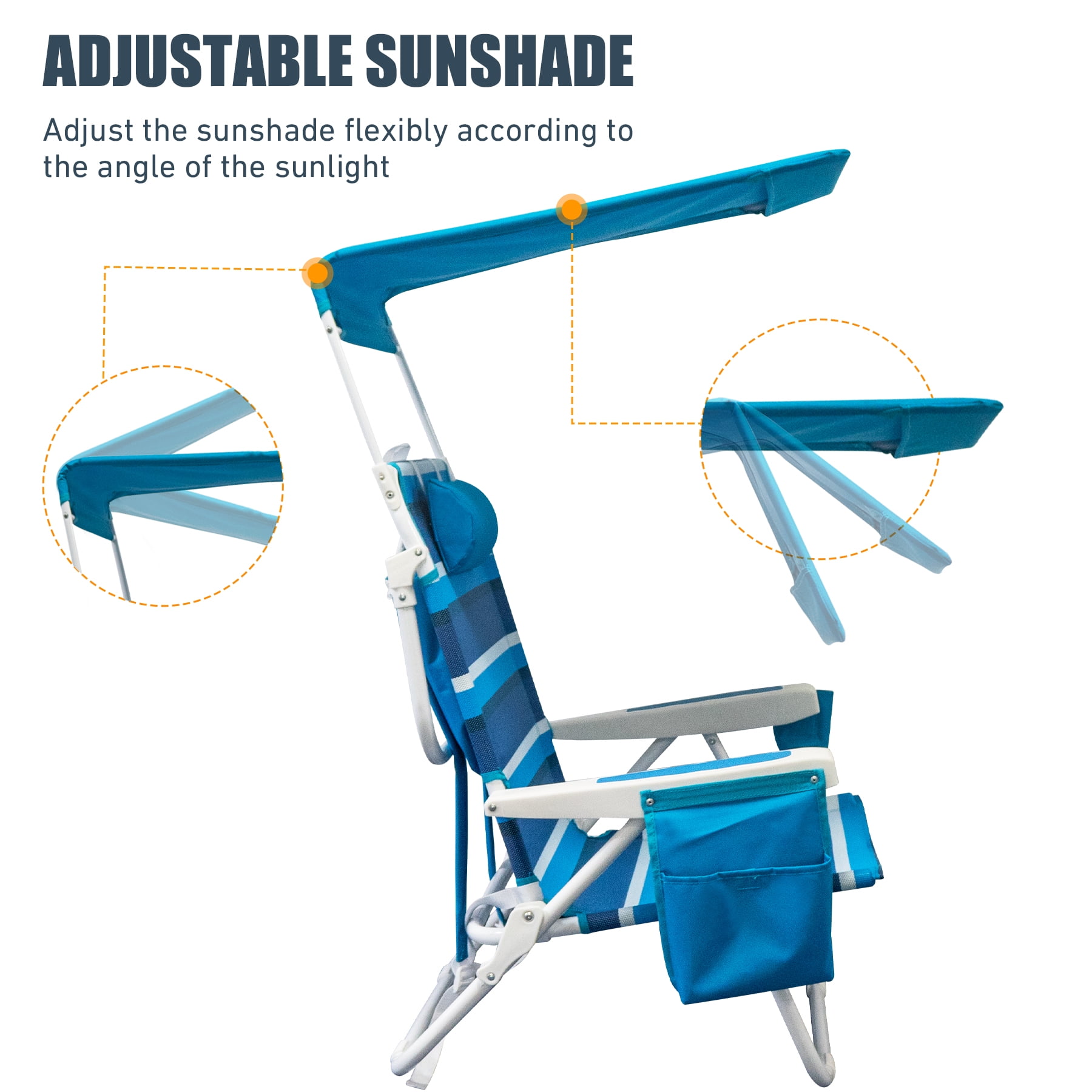 WILDYEE Double Camping Chair Heavy Duty Folding Loveseat with Sun Canopy and Cup Holders (Blue Stripe, 2 Pack) alb5d