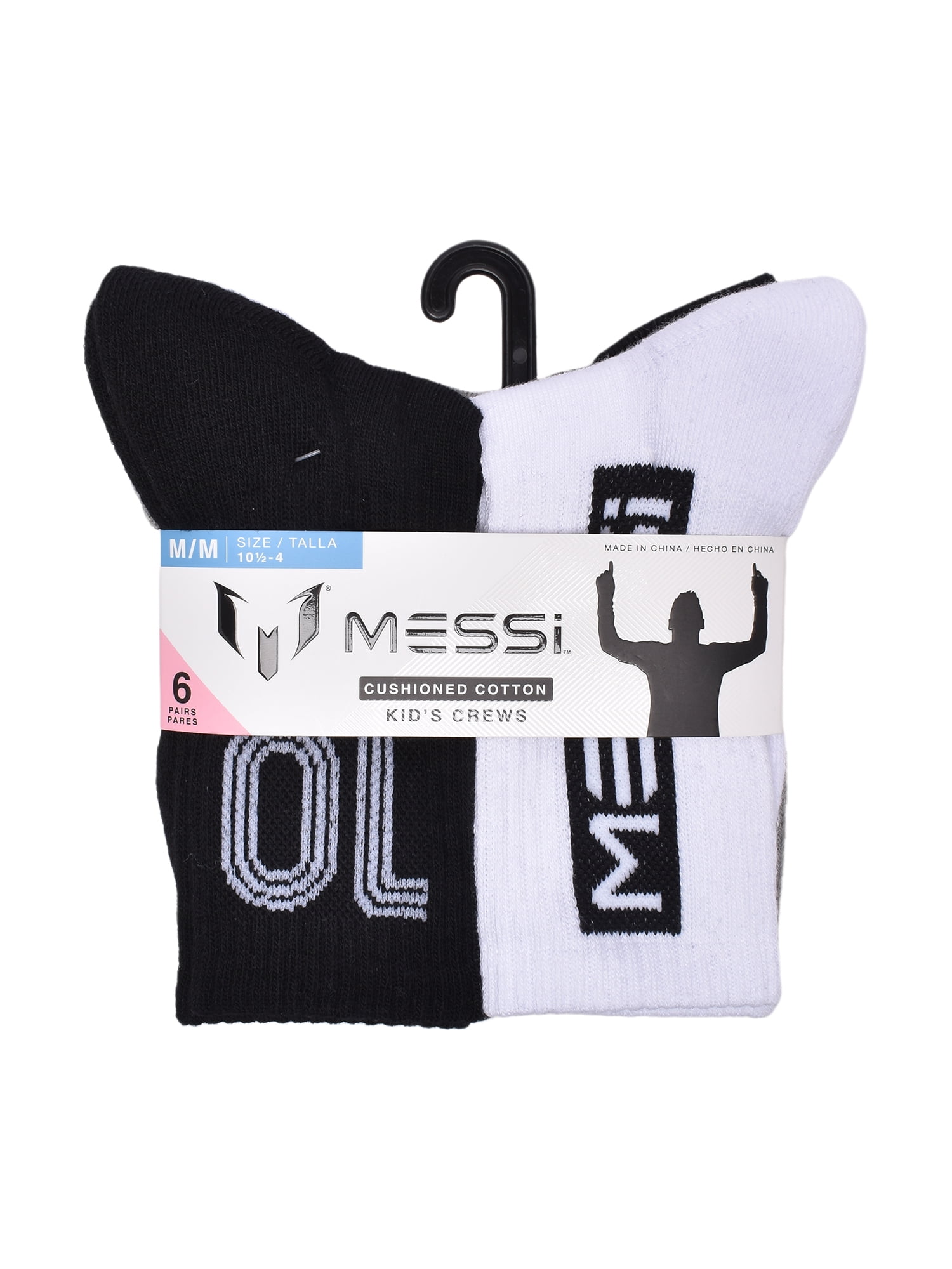 Messi Boys Crew Socks Athletic Performance Cushioned Footbed (Black, 6-Pack, Size S-L) h14af