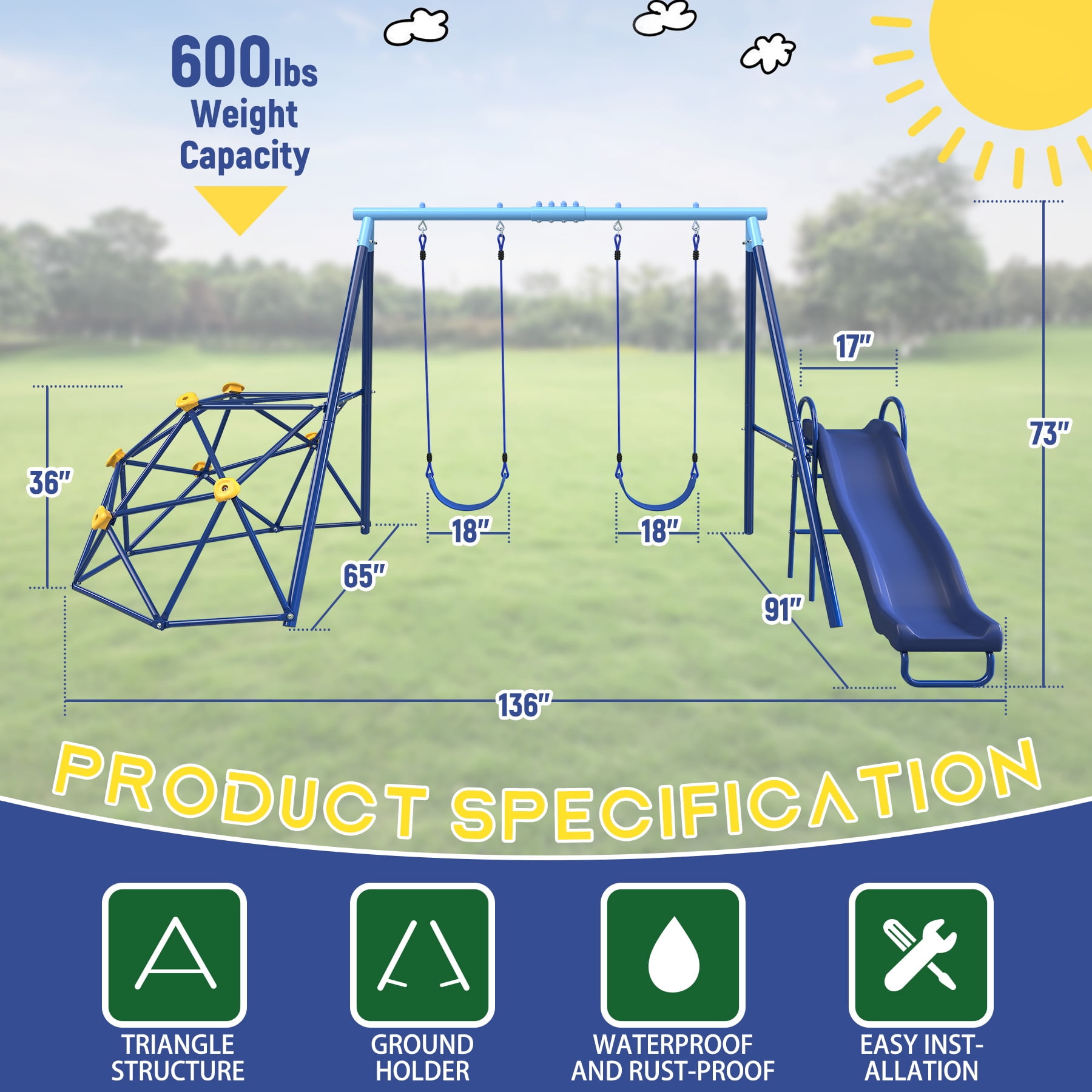 SMkidsport Metal Swing Set with Slide and 6ft Climbing Dome (Blue, 500 lb Capacity) zyj0v