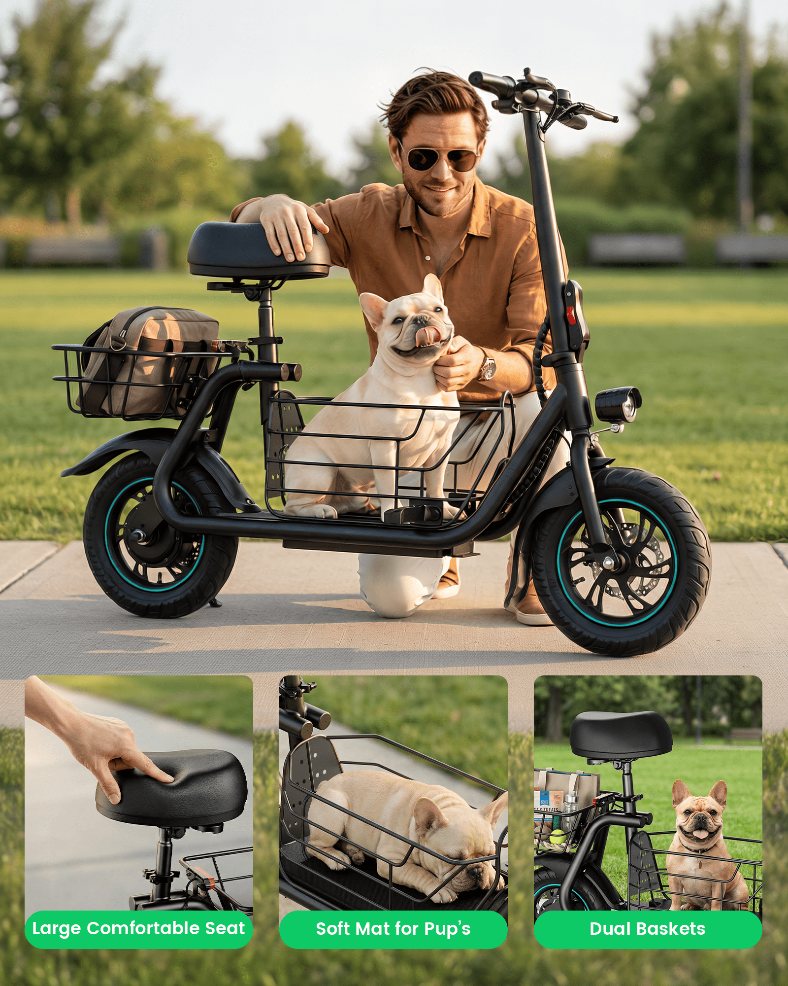 MIHOVER Electric Scooter for Pets with Seat and Dual Baskets (Black, 12 in) 0451i