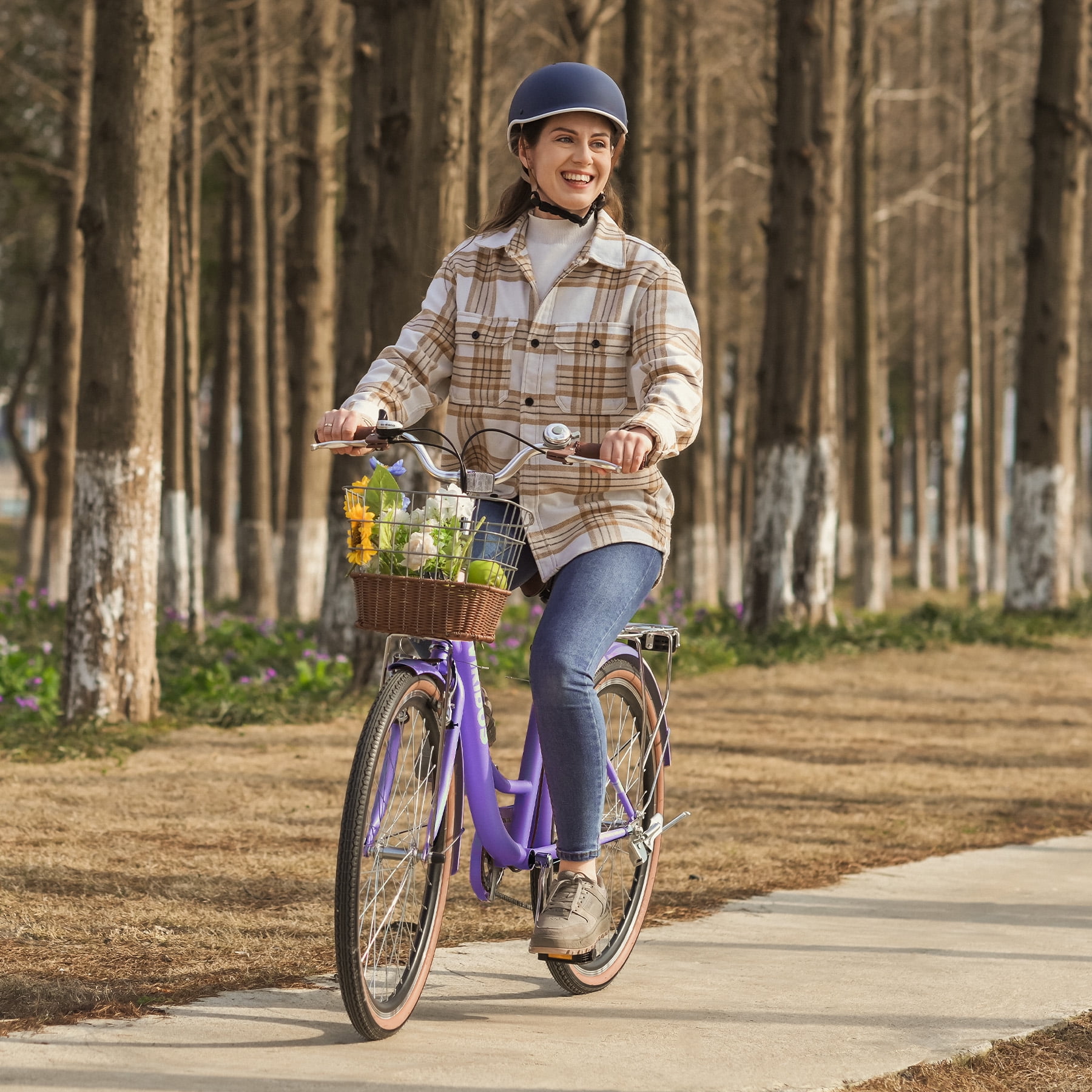 Viribus 24 in Beach Cruiser Bike for Women, 7-Speed City Bicycle with Basket and Rack (Purple, 24 in) 1qztg