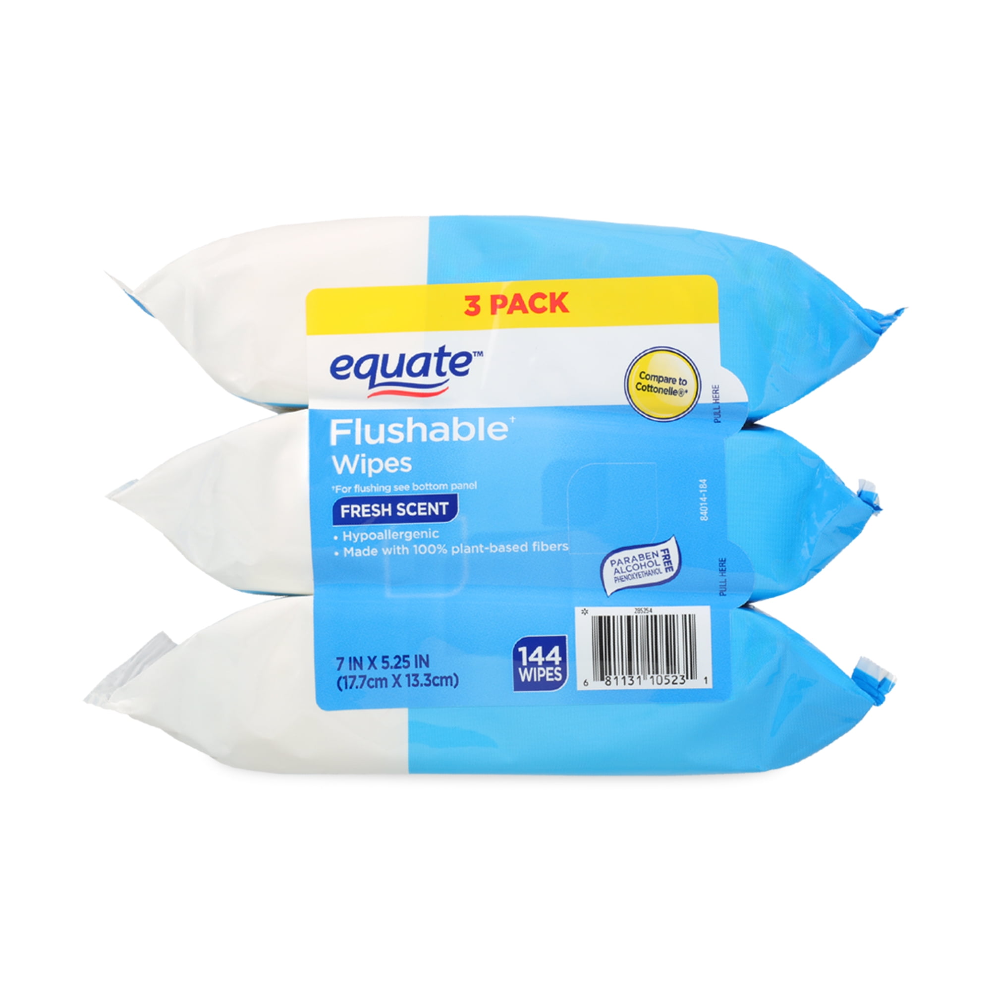Equate Flushable Wet Wipes, Fresh Scent, Hypoallergenic Plant-Based Fibers (144 Count, 3 Pack) 2kuqo