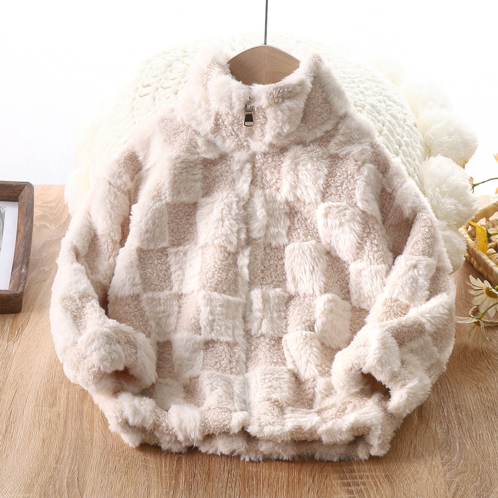 ELABCH Toddler Kids Fleece Jacket Full-Zip Sherpa Fuzzy Coat with Pockets (Beige, 3T) 3yce7