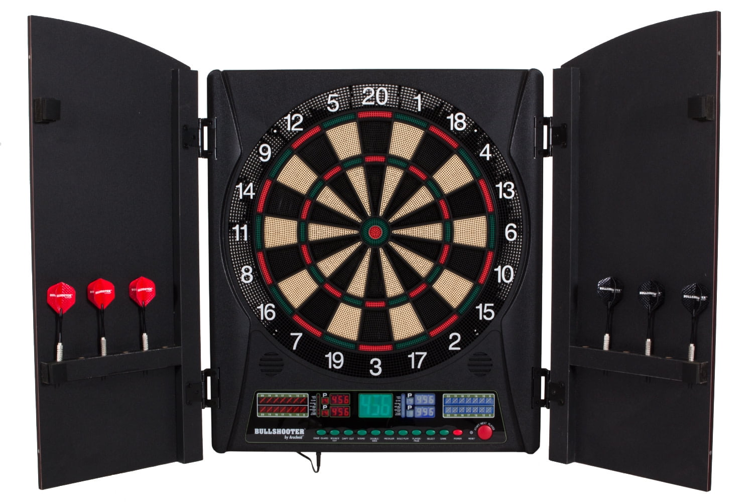 Arachnid Marauder 5.0 Electronic Dartboard Cabinet Set with Integrated Wood Doors (Black) bwhne