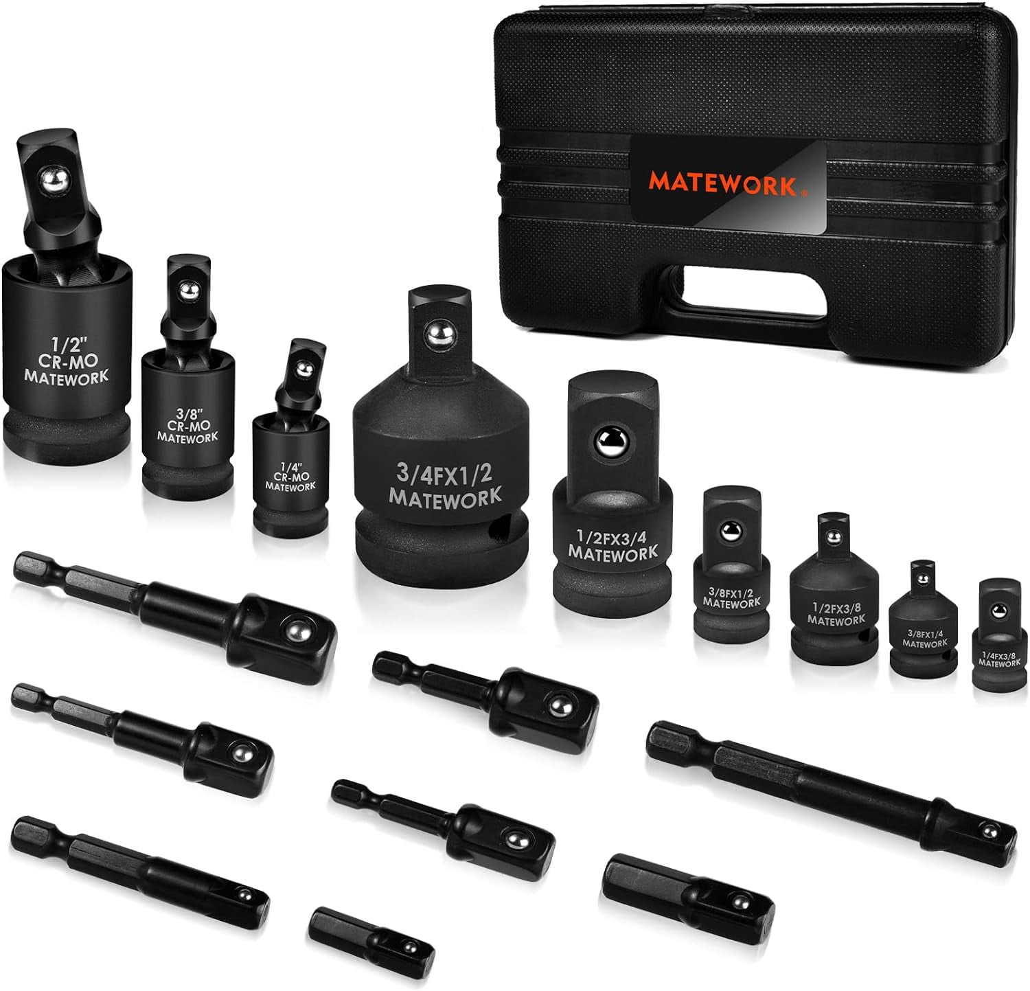 Matework 17-Piece Impact Socket Adapter and Universal Joint Set (1/4 in, 3/8 in, 1/2 in Drive) xv7x6