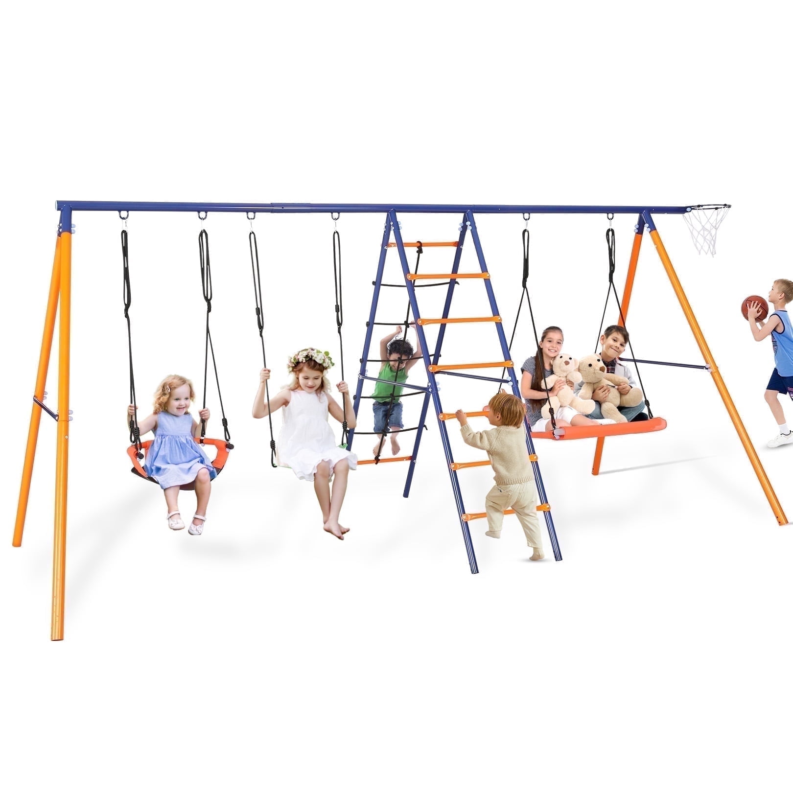 VIBESPARK 6-in-1 Outdoor Metal Swing Set for Backyard with 3 Swings, Climbing Net, Ladder, and Basketball Hoop (Orange, 151.6 in x 71 in x 72.8 in) hwz7i