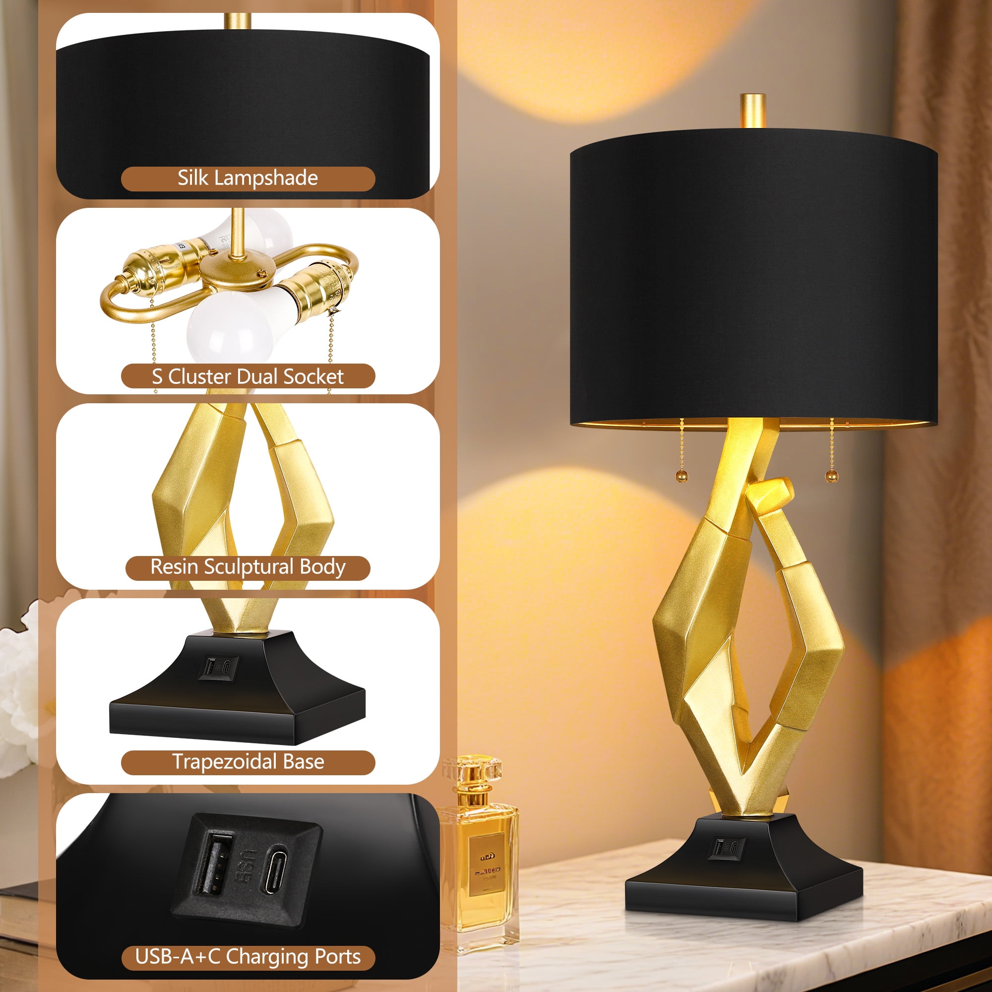 SparkGlowy Contemporary Resin Table Lamps with USB Charging Ports and Black Shades (Gold, 25.5 in) jw9tf