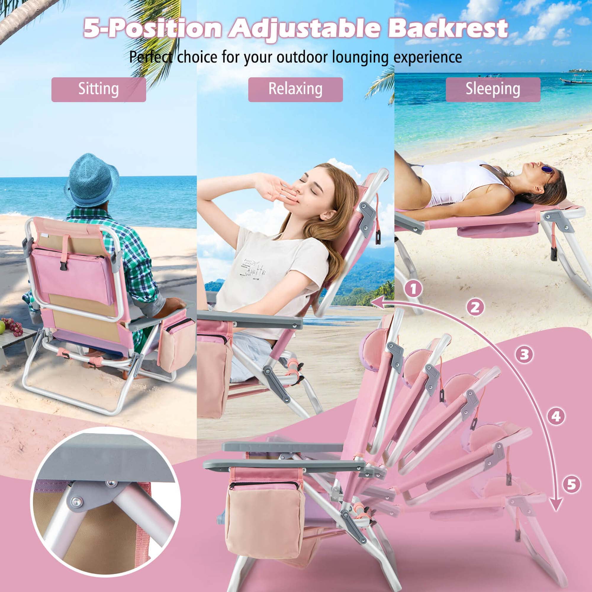 Costway 2-Pack Folding Backpack Beach Chair and Table Set with 5-Position Reclining (Pink) yajnw