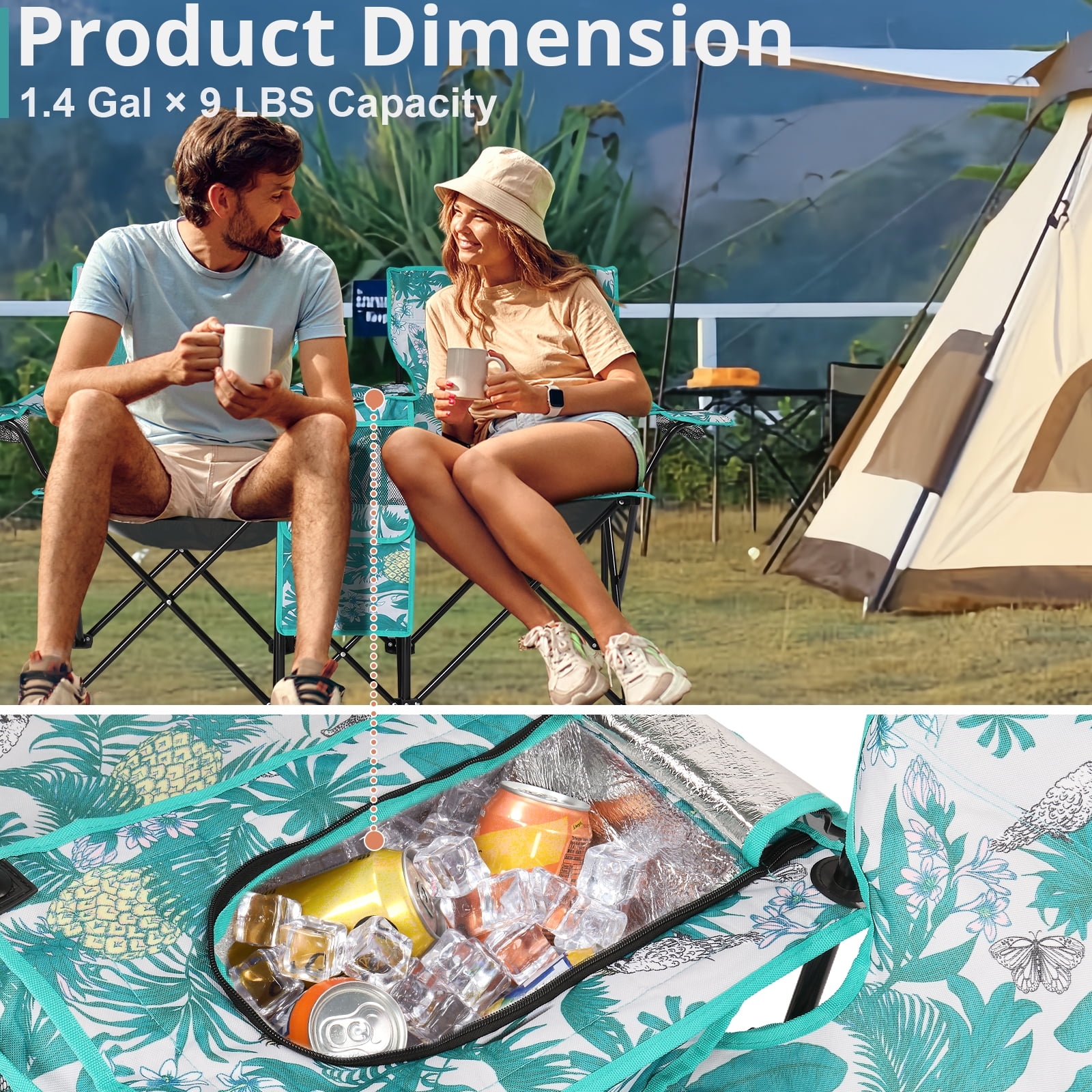 Zimtown Two-Seat Folding Beach Chair with Umbrella and Cooler (Green, 15.2 in Seat Height) s3a49