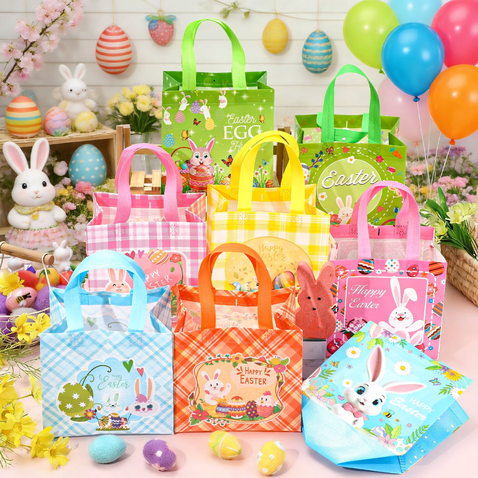 sixwipe Easter Non-woven Gift Bags with Handles, Reusable Bunny Treat Bags for Egg Hunts (Blue, 16 Pack, 8.27 x 7.87 x 5.9 in) mbilk