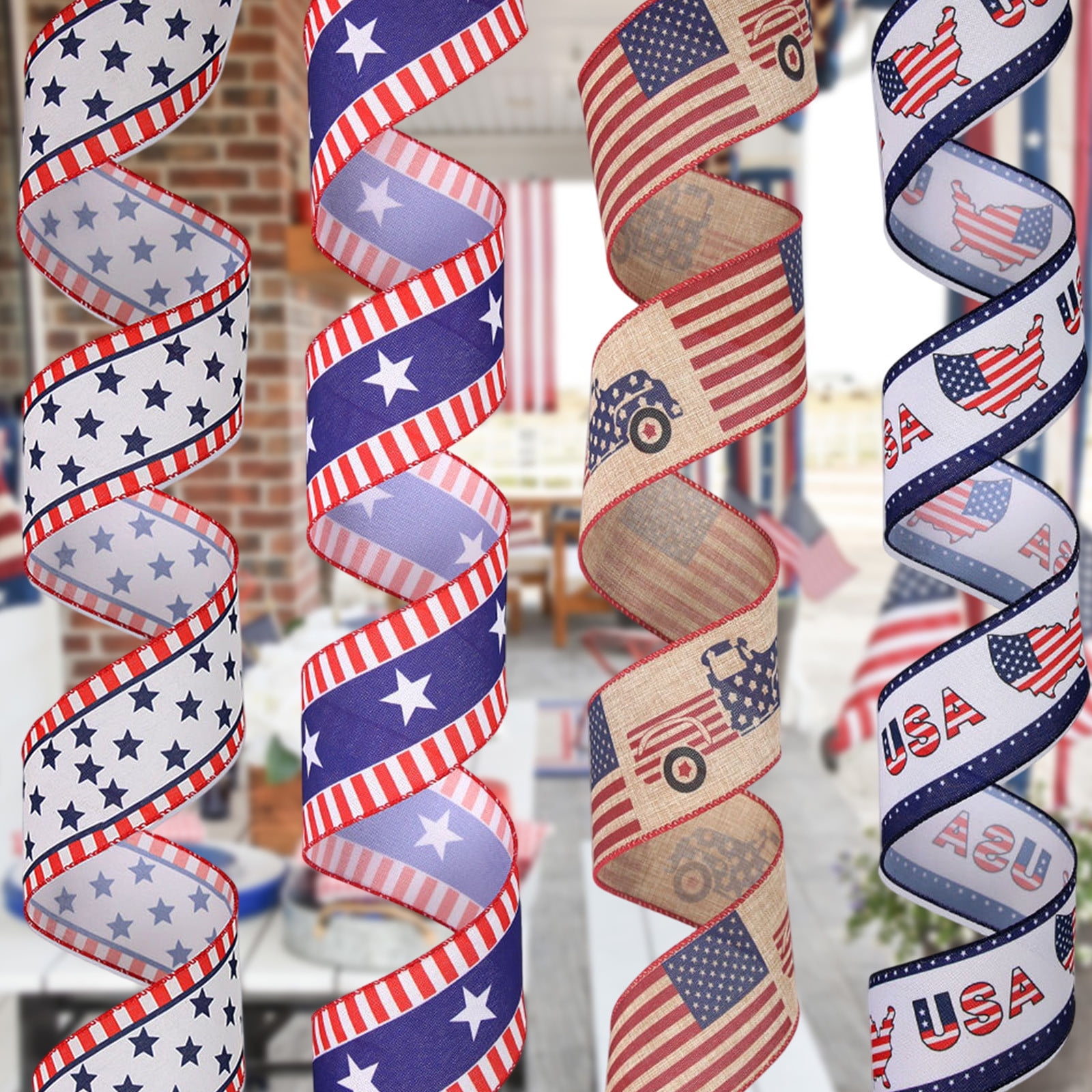 Kbndieu Patriotic Wired Ribbon, Stars and Stripes Fabric for DIY Crafts and Holiday Decor (Red White Blue, 2.5 in x 30 ft) ywjyy