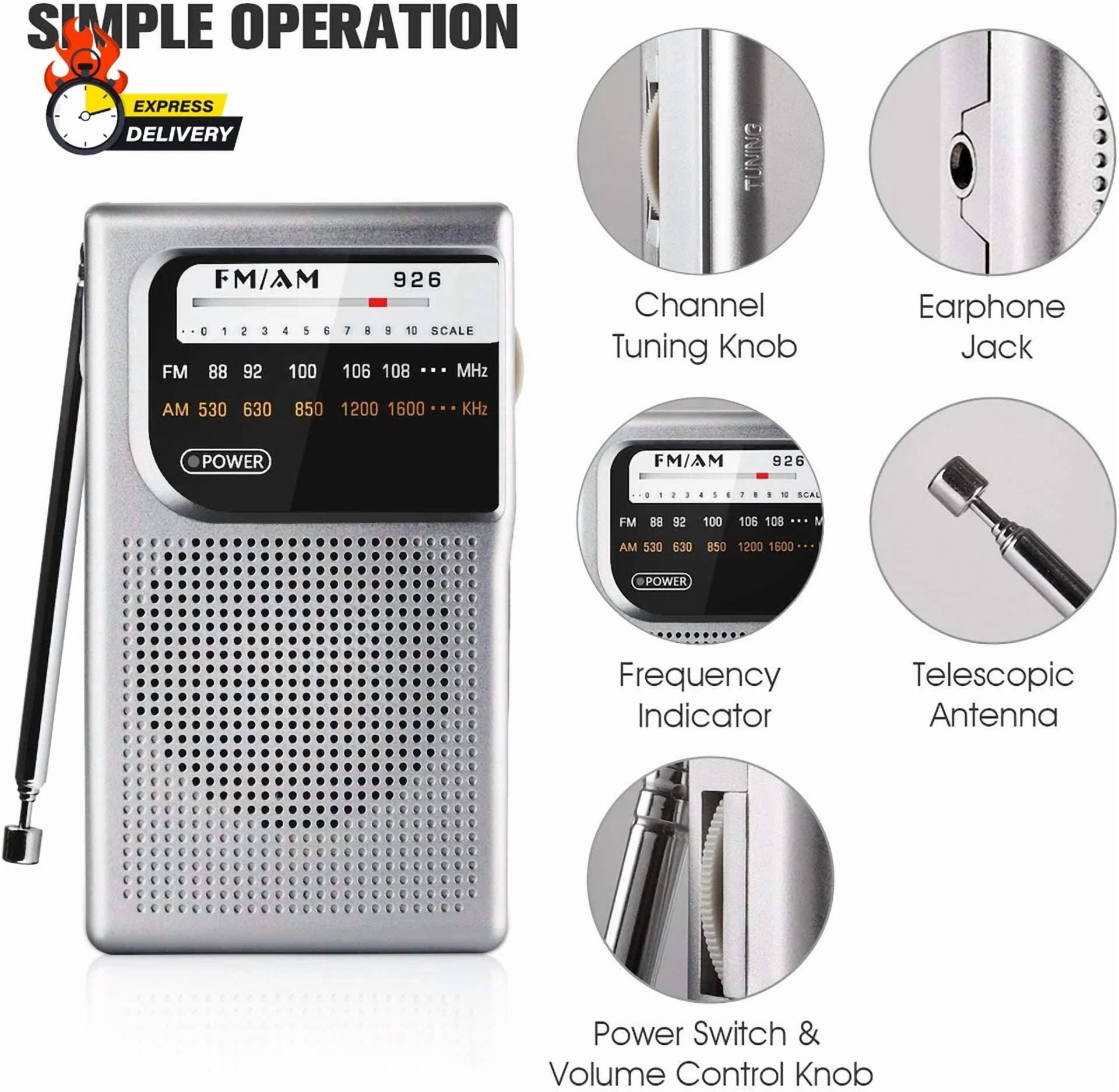 Rhea AM FM Portable Transistor Radio with Built-in Speaker and Headphone Jack (Black, 1 Pack) zul9n