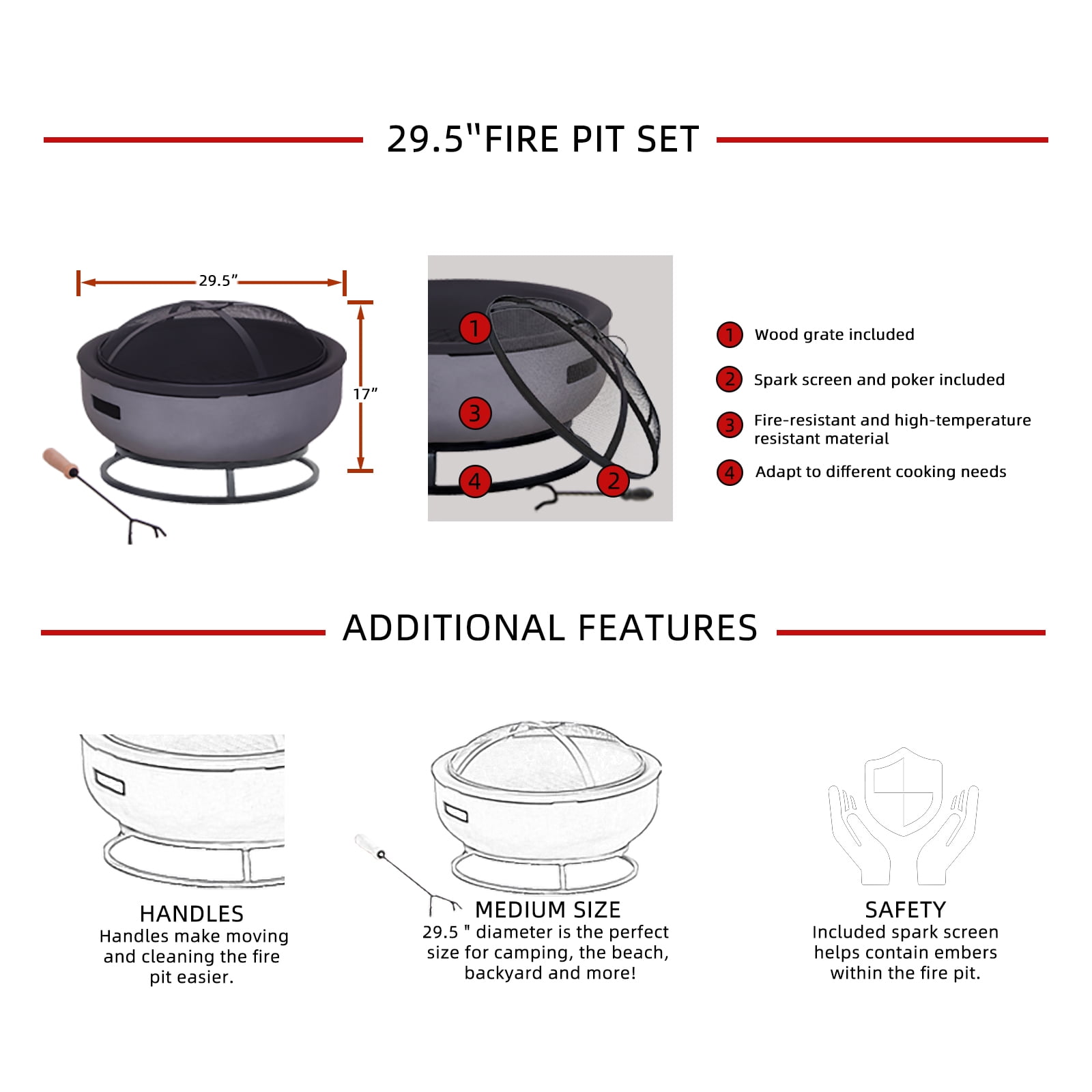 Afterglow Round Terrafab Wood Burning Fire Pit with Spark Screen and Poker (Light Gray, 31.89 in x 31.89 in x 13.58 in) zsyrq