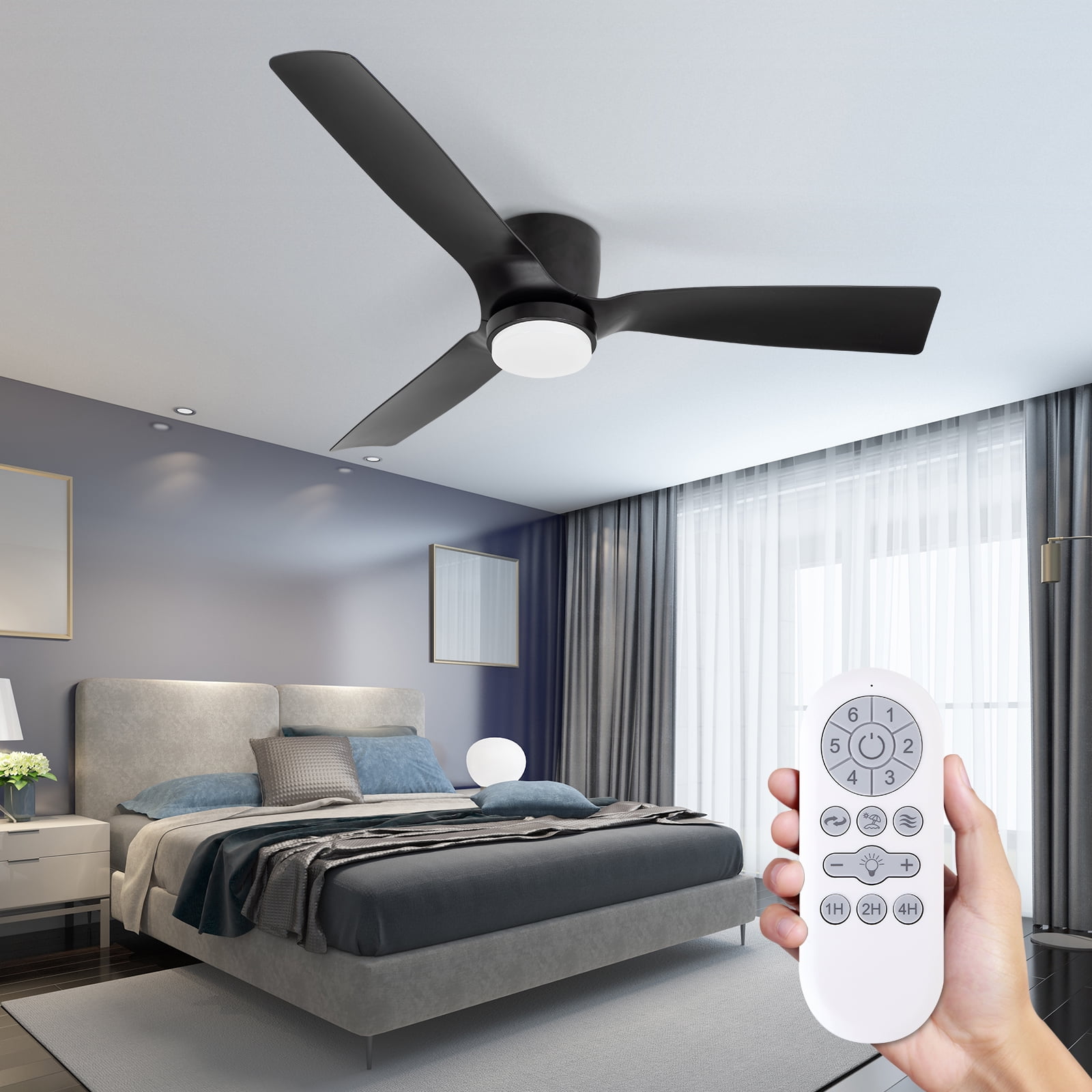 Wozzio 52 in Flush Mount Ceiling Fan with LED Light and Remote Control (Black, 52 in) ya95v