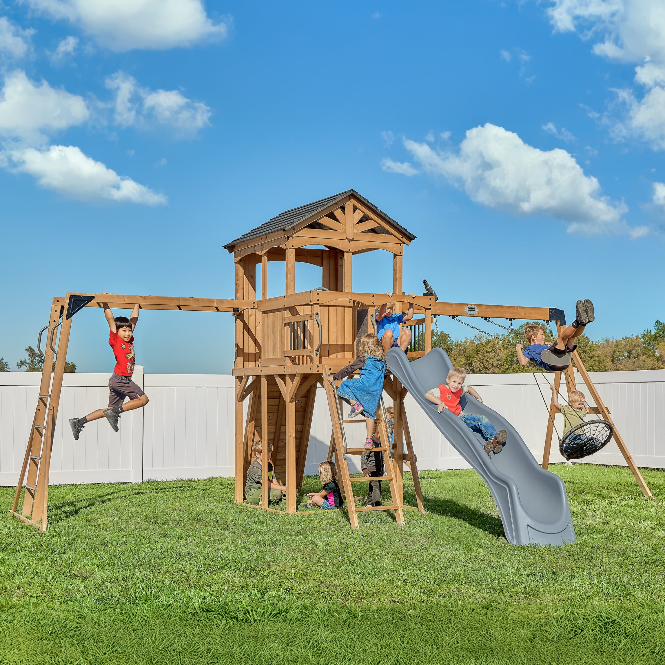 Backyard Discovery Dover Bay Spruce Swing Set with Clubhouse, Slide, Monkey Bars, and Rock Wall (Brown, 19.5 ft x 11.5 ft) 054gx