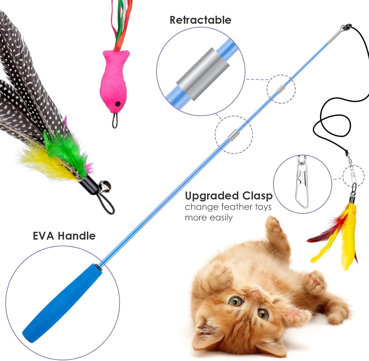 Oziral Interactive Cat Feather Toy Set, Retractable Wand with Assorted Teaser Refills (18 Pack) 8abd3