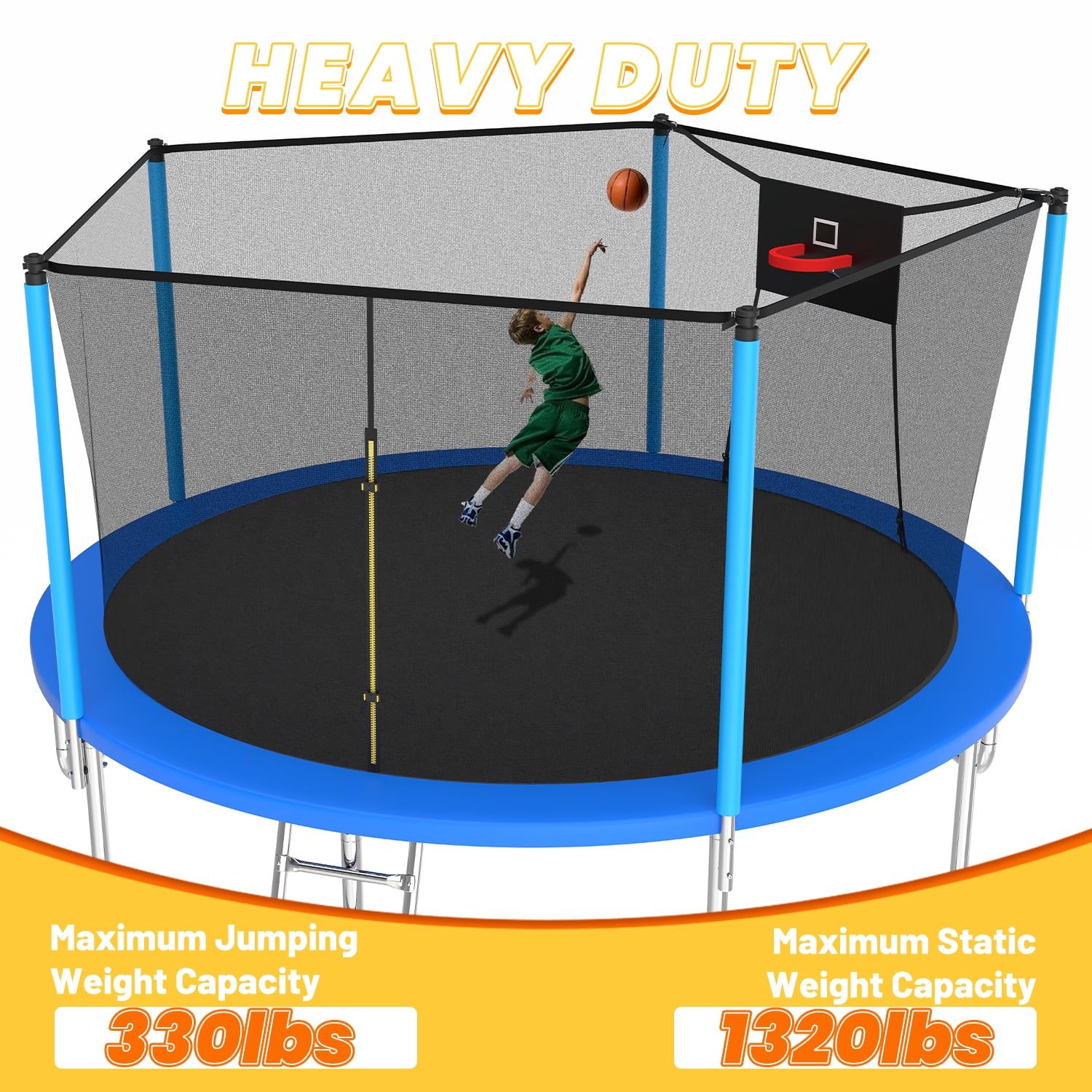 Mersco 14ft Outdoor Backyard Trampoline with Basketball Hoop, Enclosure Net, and Ladder (Blue, 14 ft) r6mvk