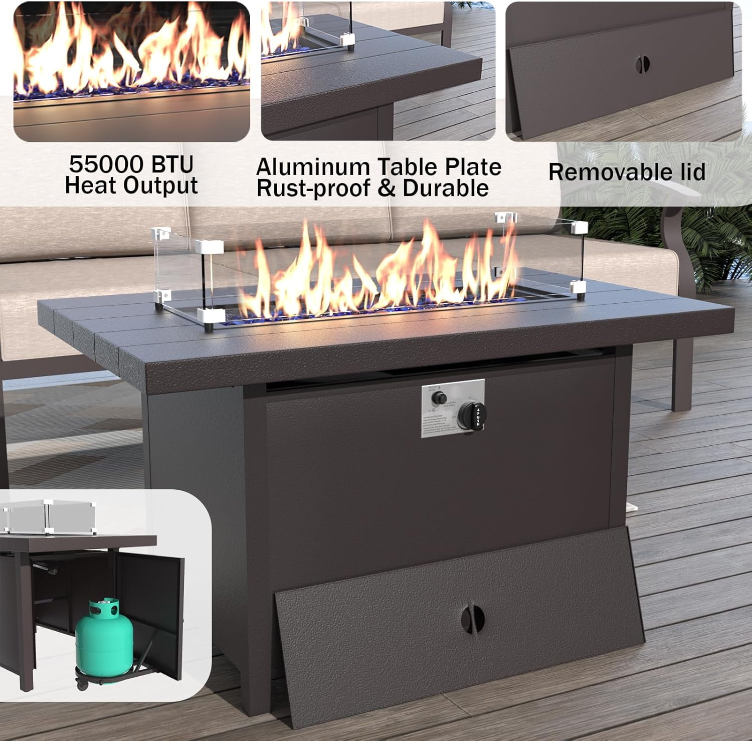 ALAULM 5-Piece Aluminum Patio Furniture Set with Propane Fire Pit Table (Black, 5-Seat) 1f74u