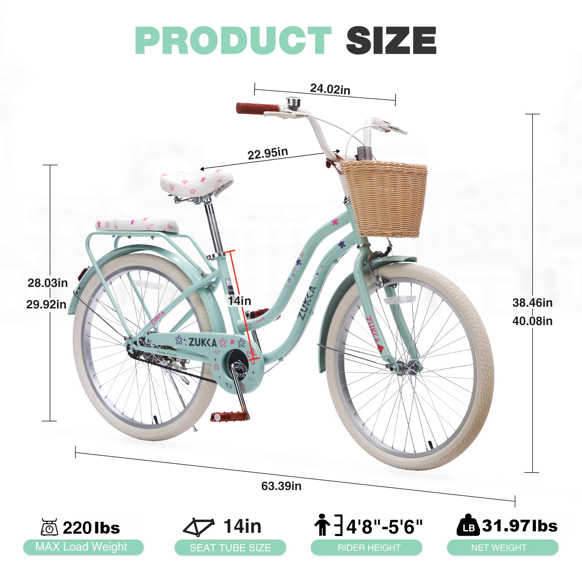 MEGHNA 24 inch Cruiser Bike Single Speed Steel Frame with Woven Basket (Green, 24 in) 9agsg