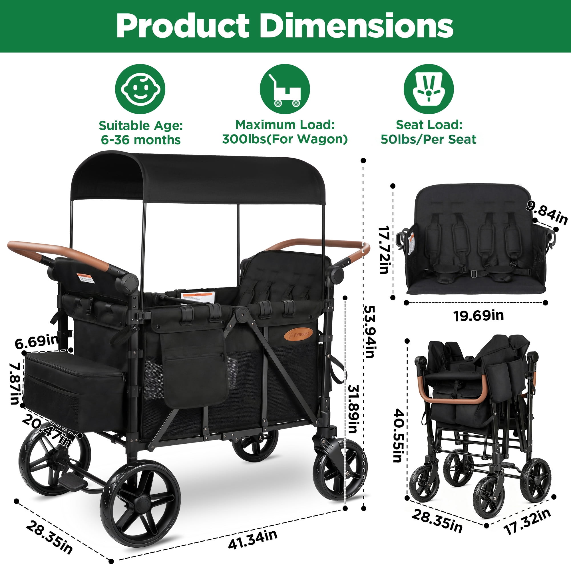 Vomeast 4-Seater Wagon Stroller for Kids, All-Terrain Outdoor Utility Stroller with Canopy and 5-Point Harness (Black, 41.34 x 28.35 x 53.94 in) 1xner