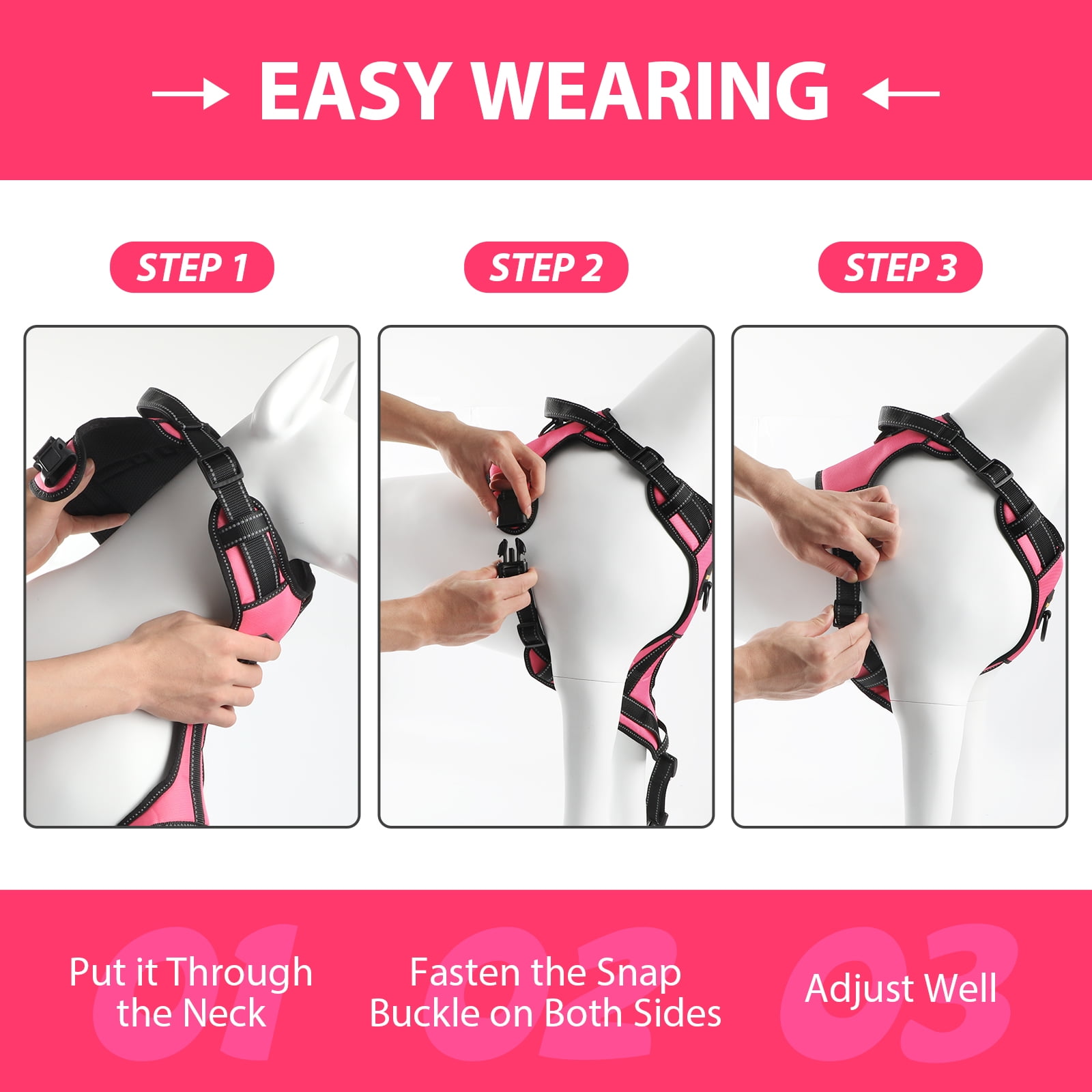 MASBRILL No Pull Dog Harness and Leash Set, Reflective Adjustable Padded Vest with Handle (Pink, Large) me4ue