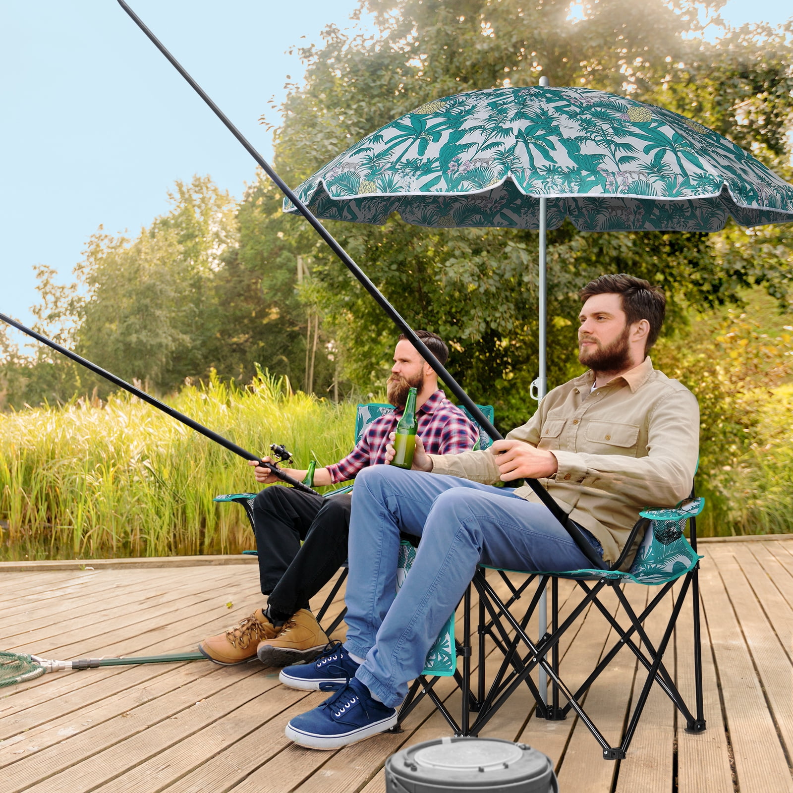Zimtown Two-Seat Folding Beach Chair with Umbrella and Cooler (Green, 15.2 in Seat Height) s3a49