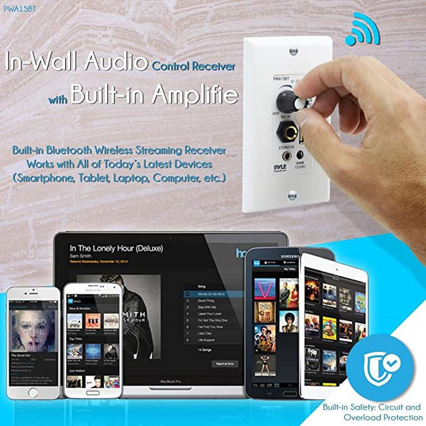 Pyle Bluetooth In-Wall Audio Control Amplifier Receiver (USB, Microphone & Aux Inputs, Standard Wall Plate Size) kbctn