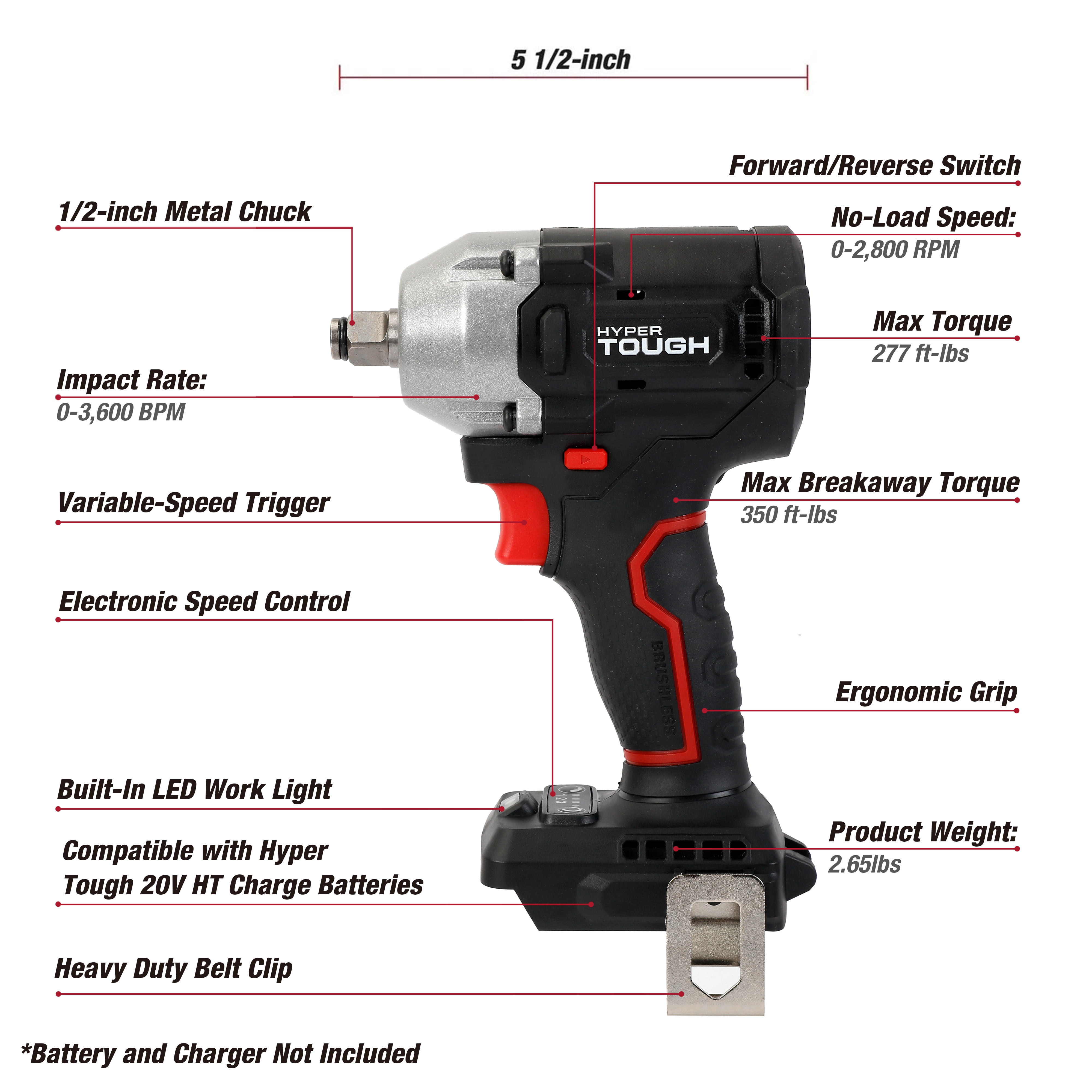 Hyper Tough 20V Max Brushless Cordless Impact Wrench 1/2-inch Drive 350 ft-lbs Torque (Black, Tool Only) i7nv4
