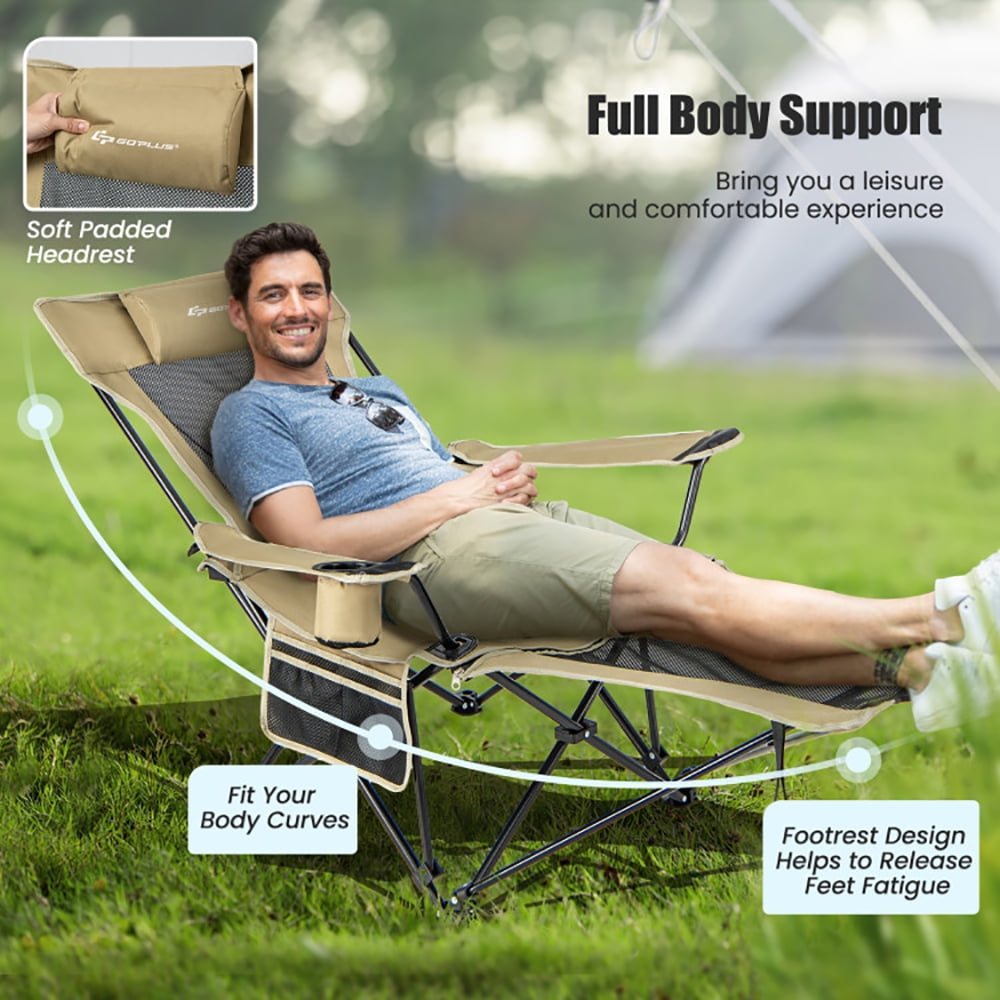 Barara King Folding Camping Lounge Chair with Detachable Footrest and Adjustable Backrest (Khaki, One Size) r4nmc