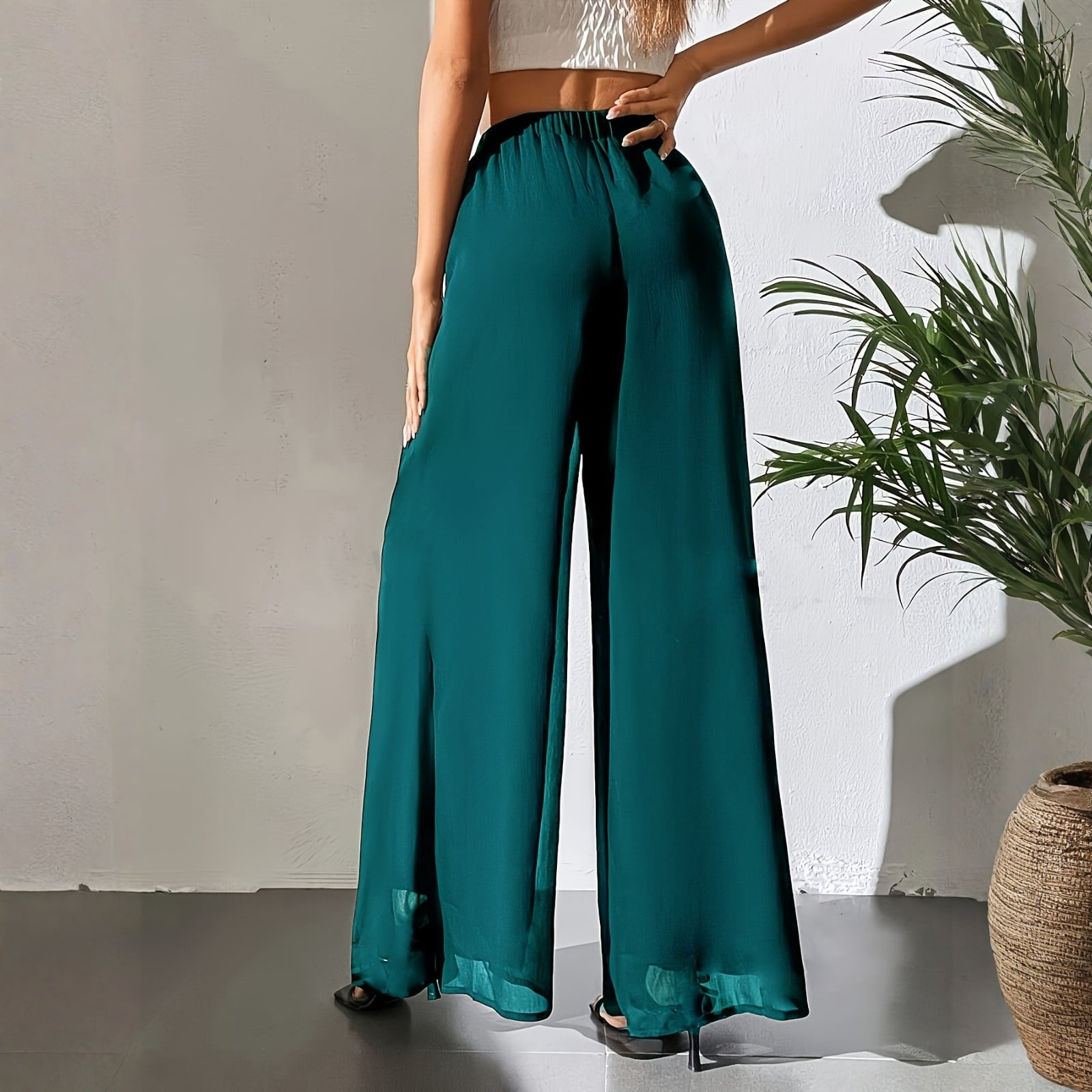 DZHXSQX Women's Wide Leg Palazzo Pants Chiffon High Waist Flowy Beach Trousers (Green, Large) 50eni