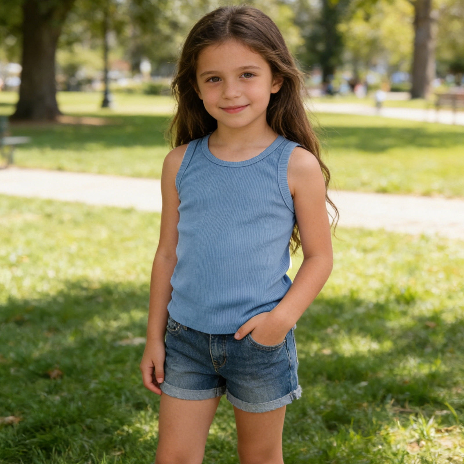FAIWAD Girls Ribbed Knit Tank Top Sleeveless Summer Workout Shirt (Blue, Small) kdiin
